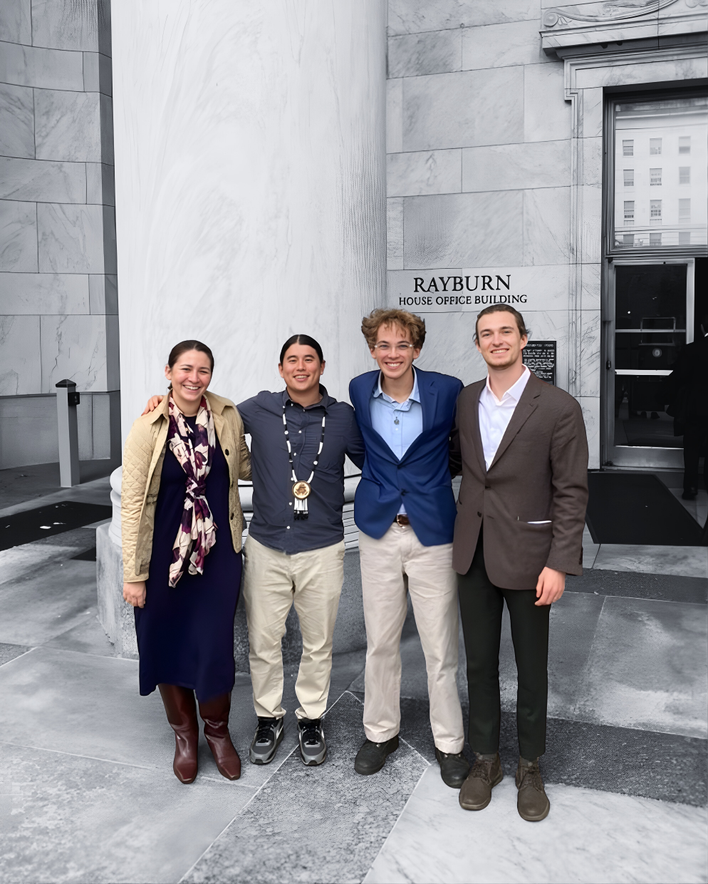 FireGen, Brumidi Group, and Rural Voices for Conservation Coalition members joined in DC. They are pictured in front of the Rayburn Building, after engaging with offices from the House of Representatives regarding existing  Tribal and workforce polic