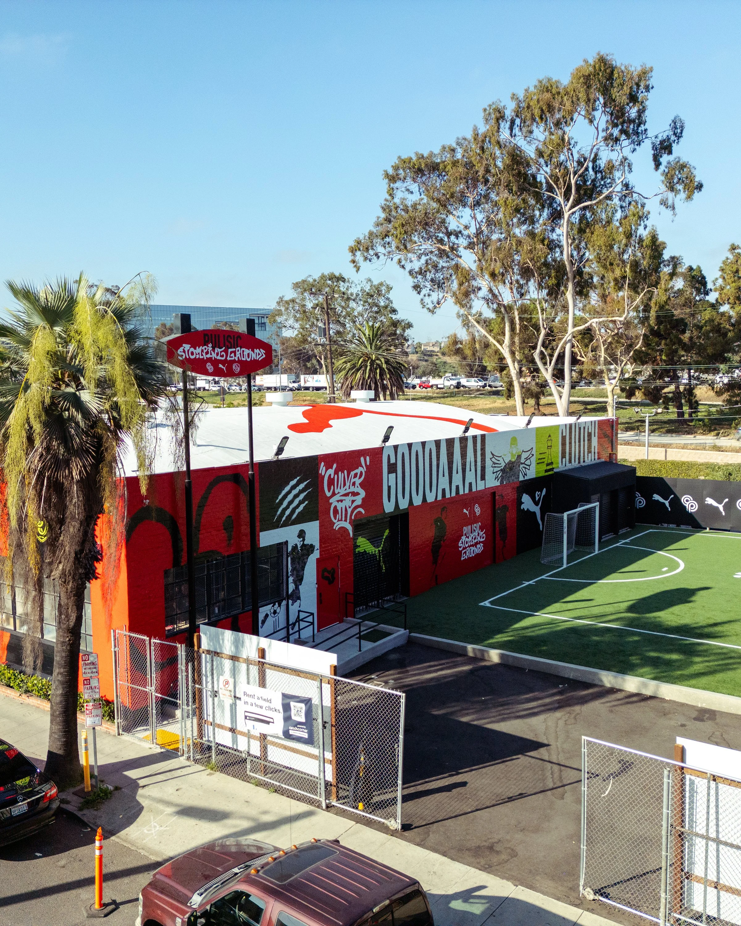 Outdoor wall mural graphic installation on a textured surface. Professionally printed and installed by certified graphic installers for Puma in Culver City