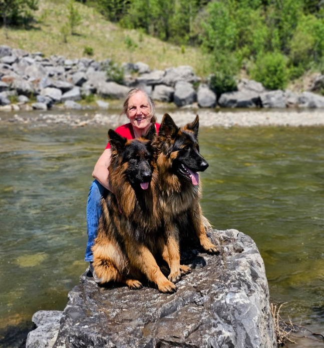 Woman sitting on a large river rock with two Long-Haired European German Shepherds, showcasing the breed's loyal temperament, companionship, and confidence in a natural outdoor setting.