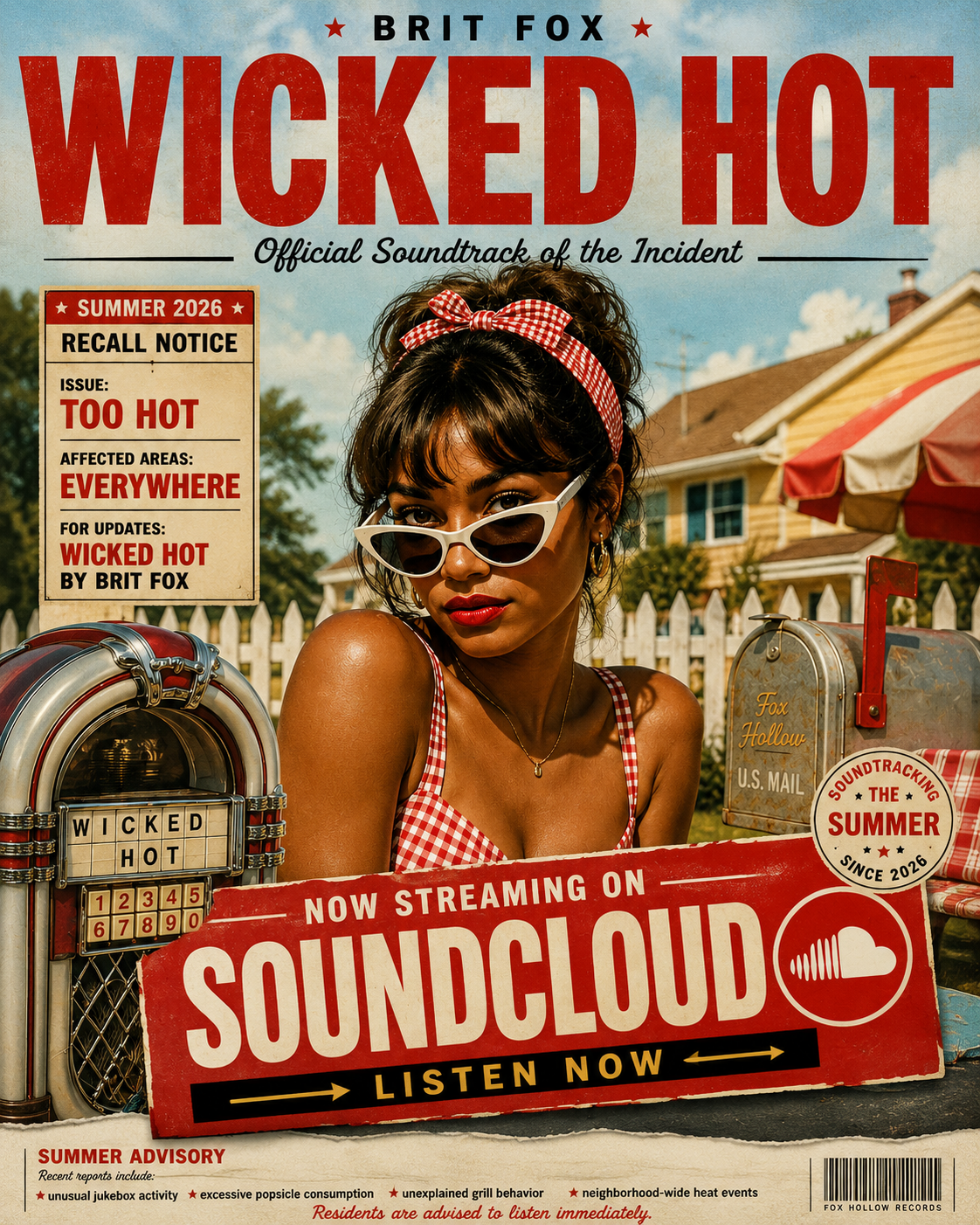 Wicked Hot by Brit Fox retro magazine-style artwork featuring a woman in a gingham outfit, vintage jukebox, mailbox, and a large SoundCloud streaming call to action.