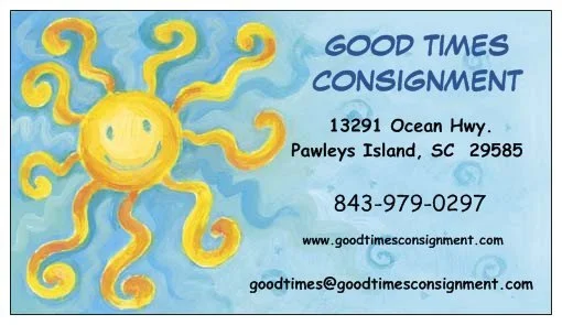 Business card for Good Times Consignment featuring a smiling sun with orange rays, with the company's contact information and website.