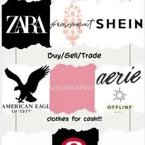 A collage of various clothing and fashion brand logos, including Zara, Shein, American Eagle, and Aerie, with text indicating buying, selling, or trading clothes for cash.