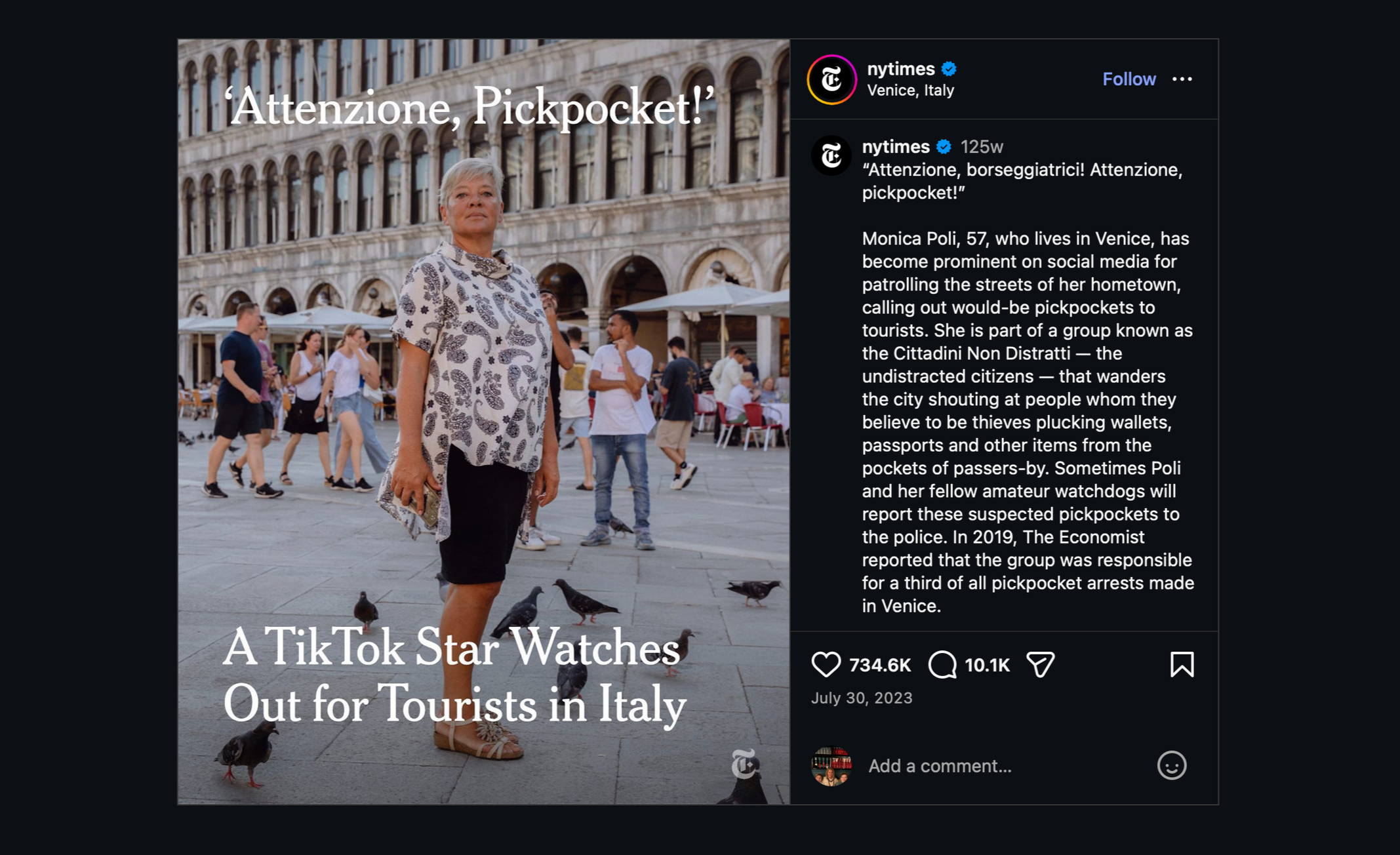 NY TIMES Instagram post featuring Monica Poli, a Venice resident that warns tourists of pickpockets