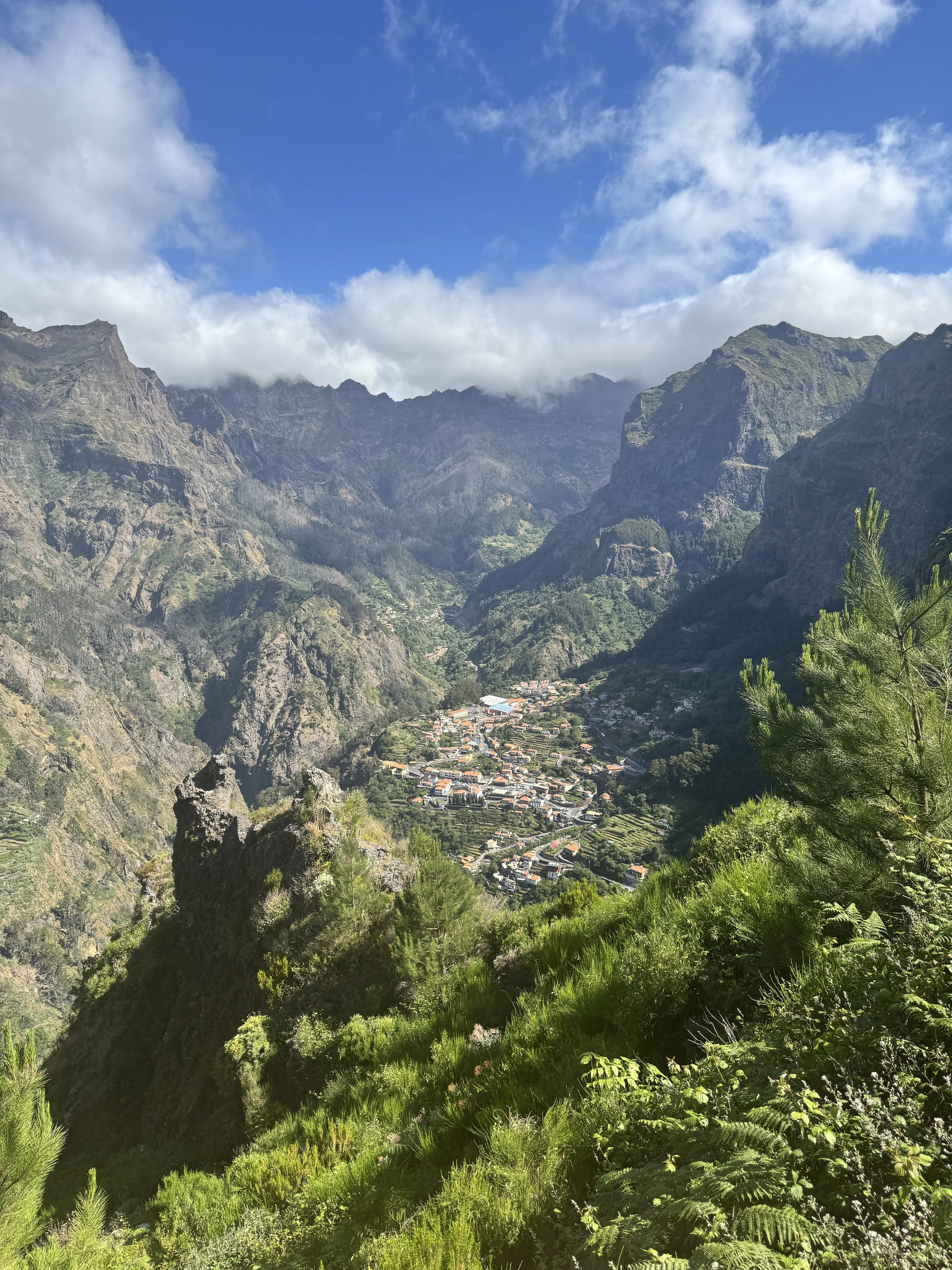 A serene view of Nun's Valley, where lush green hills cradle a quiet road and a small village framed by tropical trees and soft light.