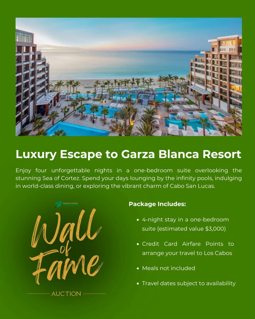 🎉 Auction item alert!
Our Wall of Fame live auction will include a 4-night stay in Los Cabos, Mexico 🏖
Can't make it to Wall of Fame? ➡ You can call in to bid on any of our live auction items at 405-644-4232 ☎️
➡ Browse all live and silent aucti