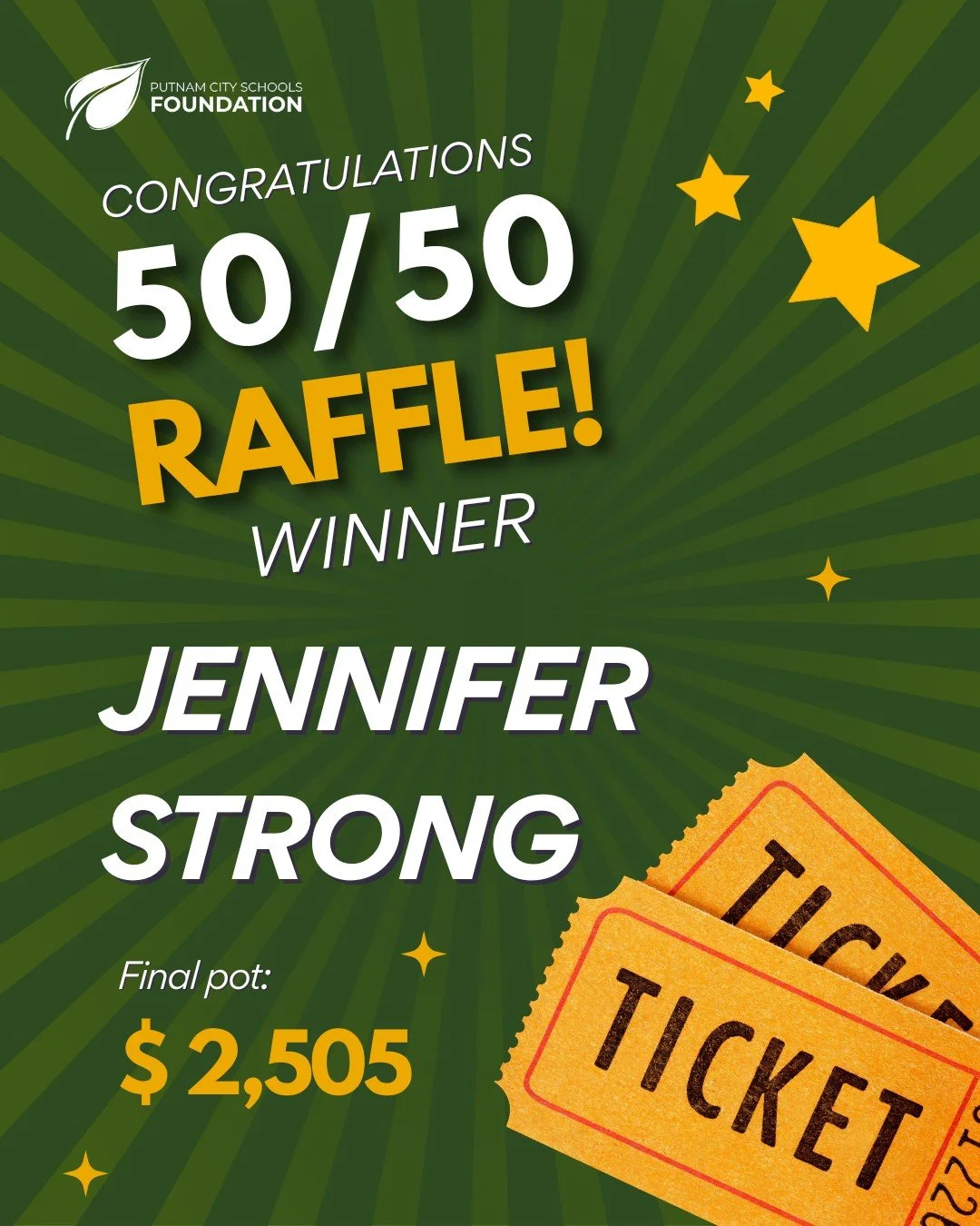 🎉 Congratulations Jennifer Strong!
With our 50/50 raffle pot closing at $2,505, you're taking home $1,252.50 🤑
Thank you to everyone who participated! The remaining proceeds will benefit the Putnam City Schools Foundation, Hefner Middle School Dr
