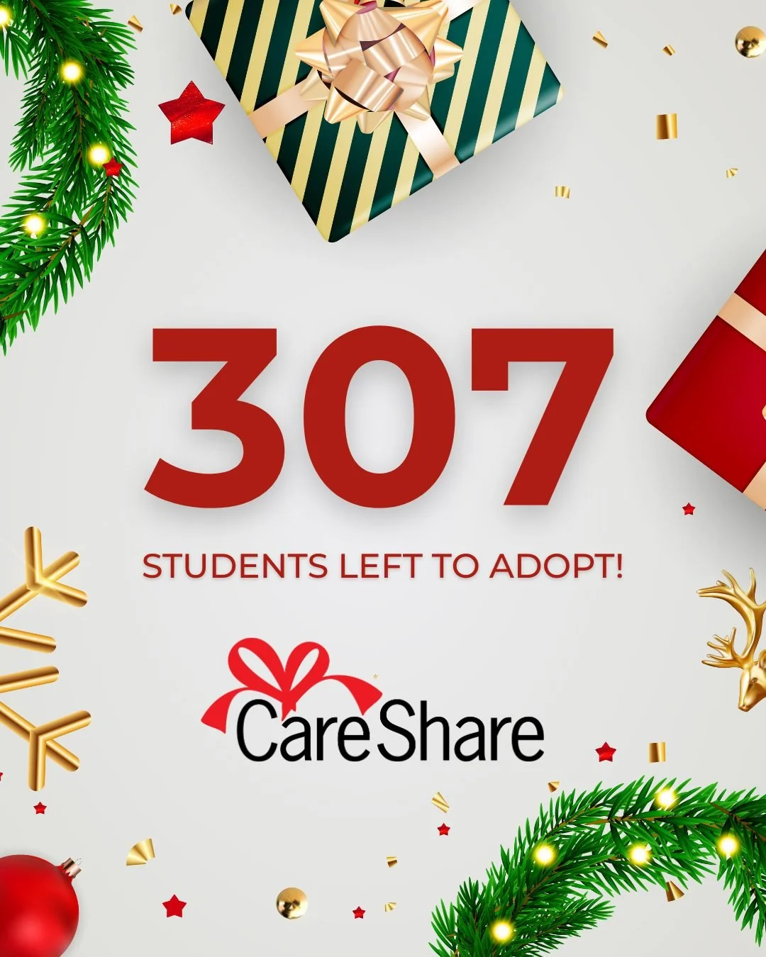 The clock is ticking towards Winter Break ❄

We have until Friday to adopt our last 300 students for CareShare 🎁

Help us hit our goal ➡ Sign up now at the link in our bio or go to forms.gle/zjS9uY5539bnzNUF9

#CareShare #Holiday #Holidays #Christma