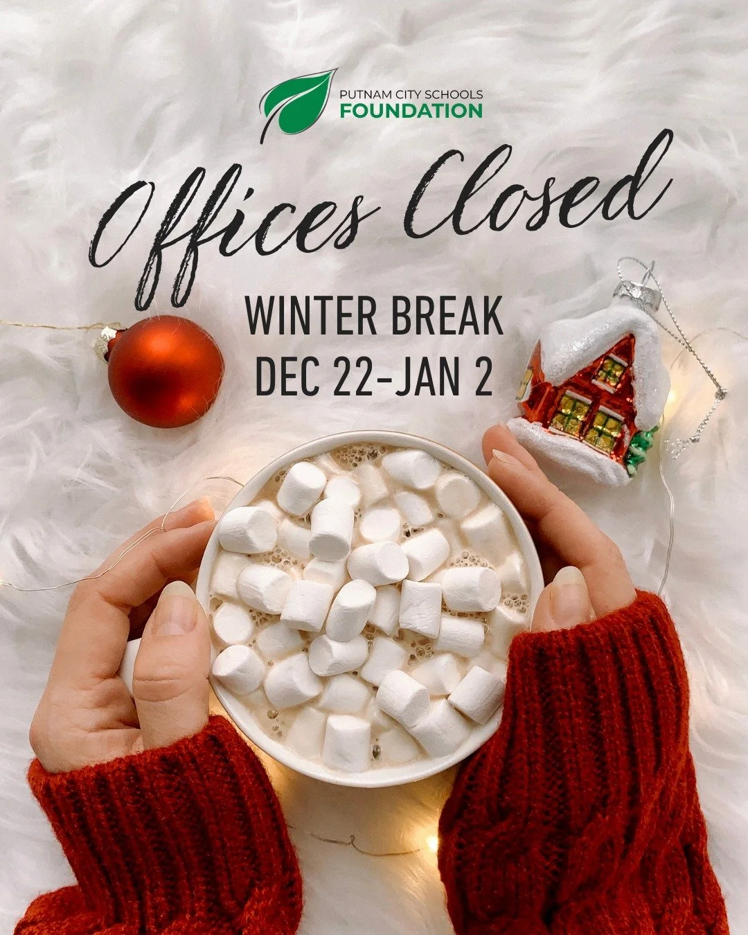 Foundation offices will be closed December 22 through January 2 for Winter Break.

Enjoy your break, Putnam City! ❄

#Winter #WinterBreak #HappyHolidays #PutnamCity #PutnamCitySchools #PutnamCityProud #PCProud #GoBoldly #WhatIfStartsHere