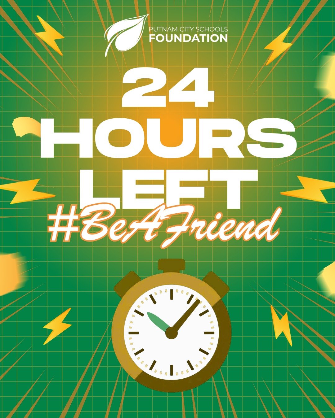 There's just 24 hours left to be part of our #BeAFriend campaign! ⏰

➡ Become a Friend of the Foundation today at the link in our bio or at givebutter.com/PCSFFriends

#FriendsoftheFoundation #FriendsofPCSF #PutnamCity #PutnamCitySchools #PutnamCityP