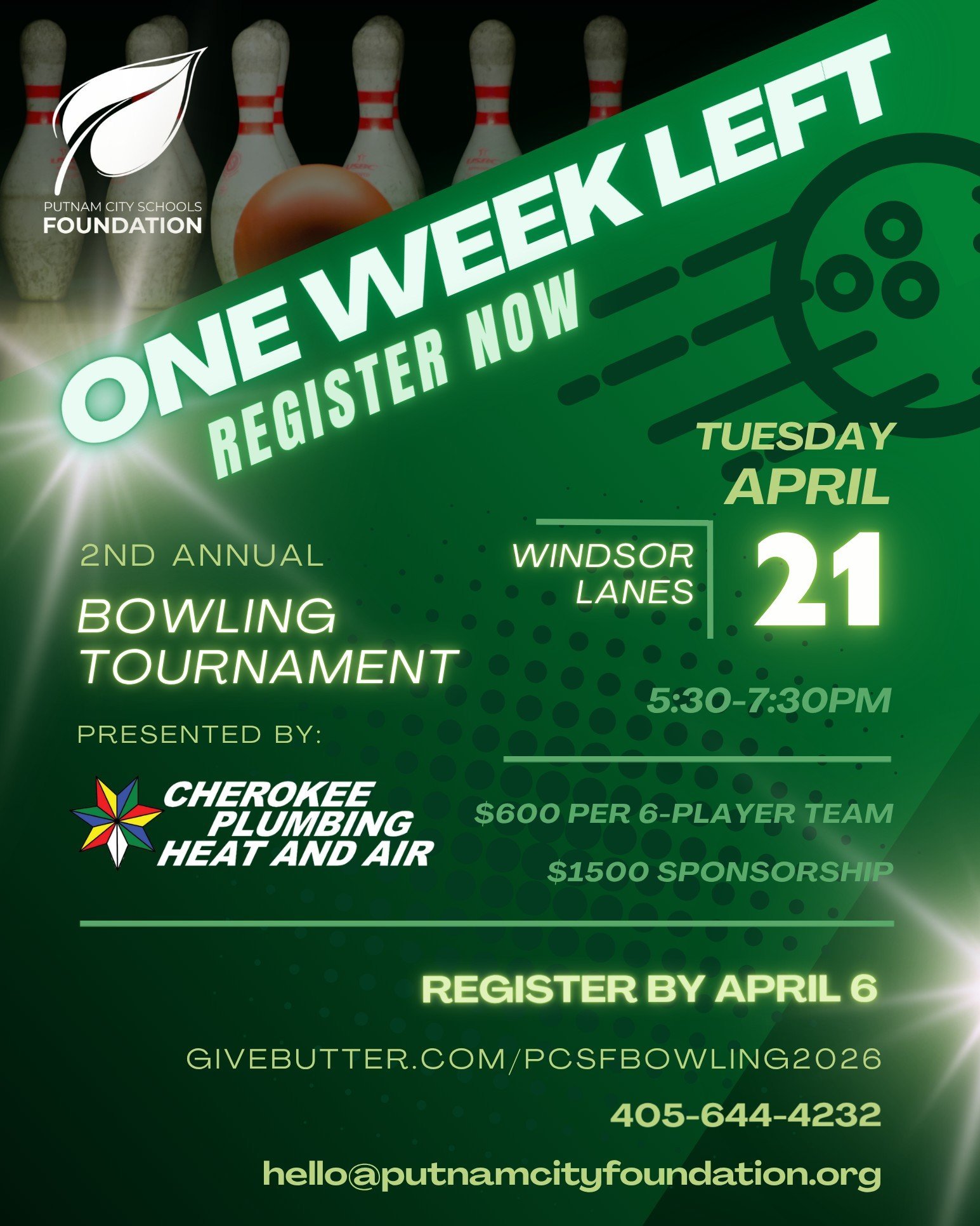 🚨There's just ONE WEEK left to register for our 2nd Annual Bowling Tournament: Presented by Cherokee Plumbing Heat and Air 🎳

➡ Secure your tickets at the link in our bio or at givebutter.com/PCSFBowling2026

Thank you to our event sponsors 👏
- Ch