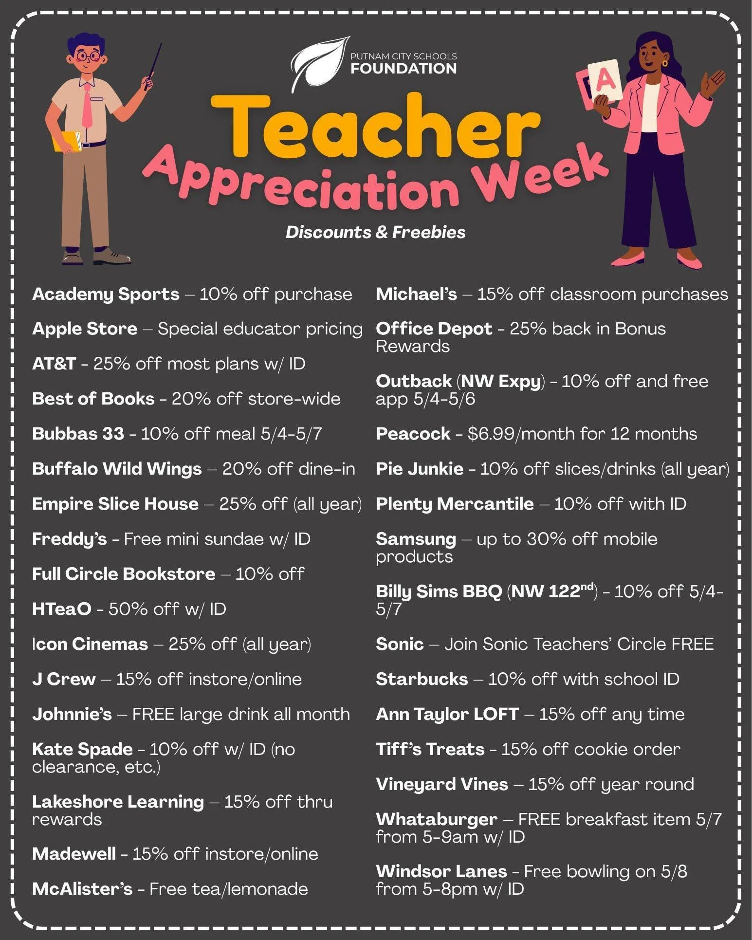 Hey teachers 👋 We rounded up a list of local discounts and freebies during Teacher Appreciation Week! We hope you enjoy ✨

#PutnamCity #PutnamCitySchools #PutnamCityProud #GoBoldly #TeacherAppreciationWeek #WhatIfStartsHere