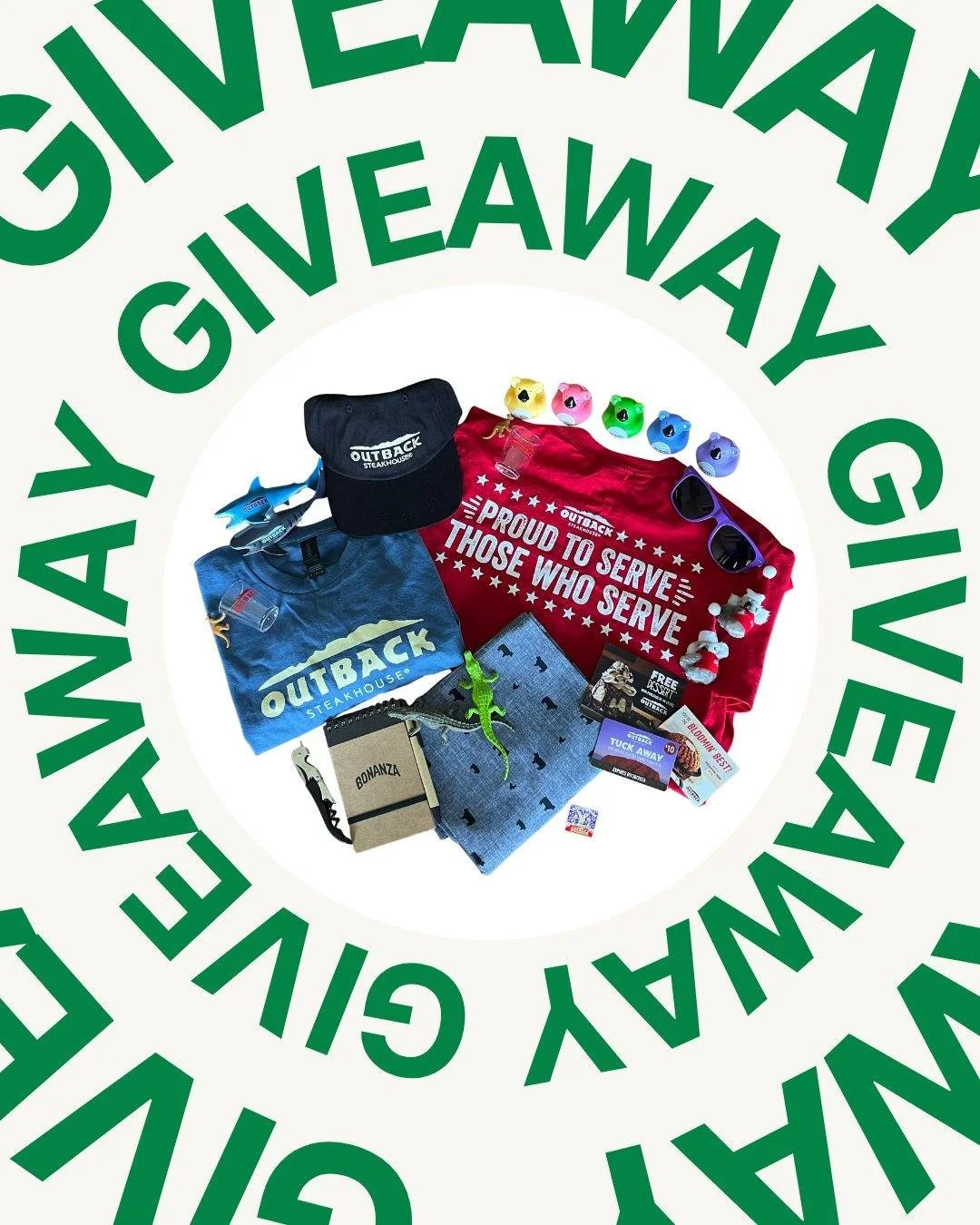 We hope you're hungry--today's giveaway was generously donated by Outback Steakhouse on NW Expressway and includes two Outback t-shirts, an apron, branded ballcap, notepad, bottle opener, sunglasses, enamel pin, limited edition keepsake toys, and ass