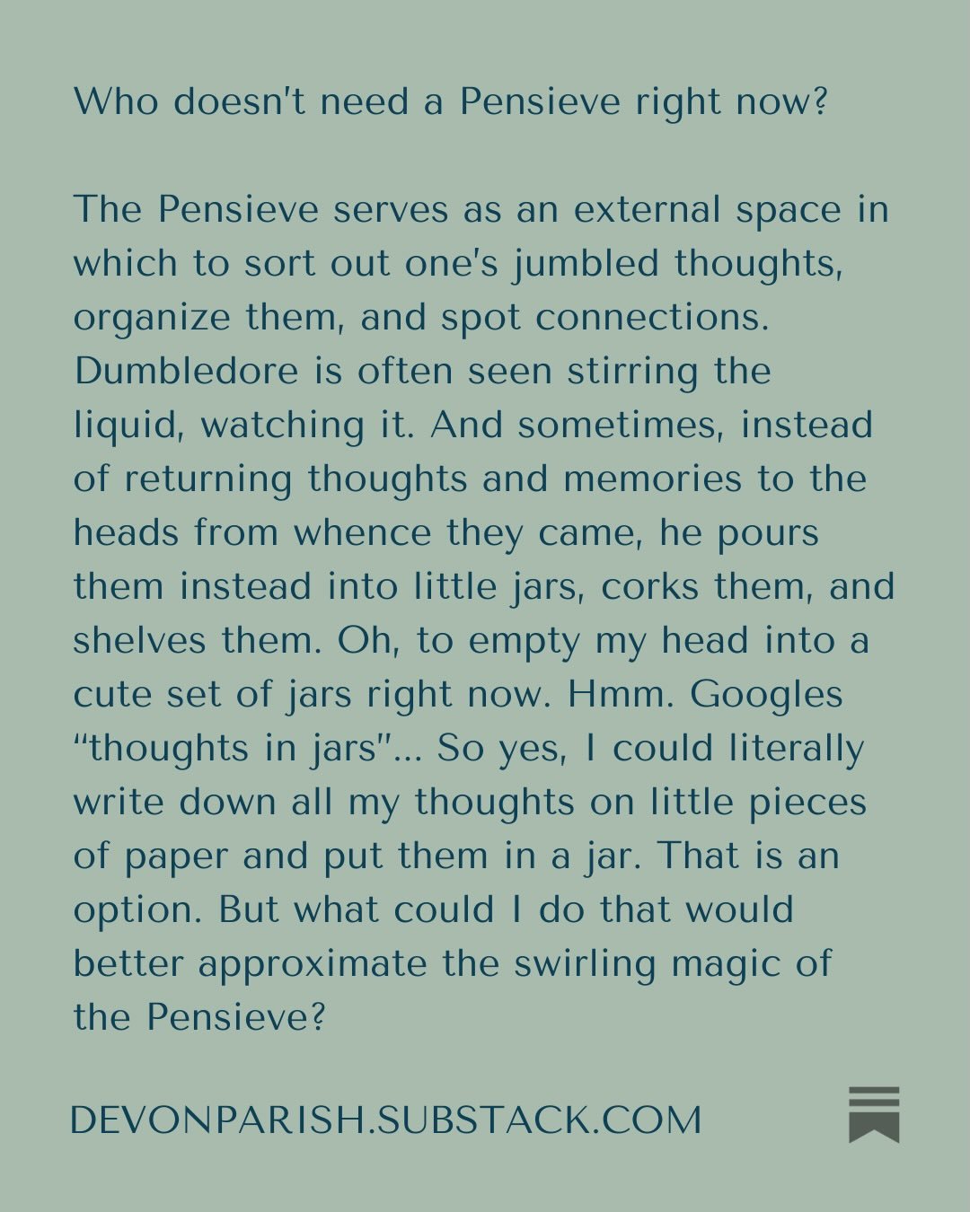 The brain is all ajumble. Perhaps you can relate? Join me for a quick jaunt into the mind of an #hpnerd⚡️ with too much on her mind.

Deep breaths, y&rsquo;all.
xoxo,
D

#pensieve #dumbledorks #community