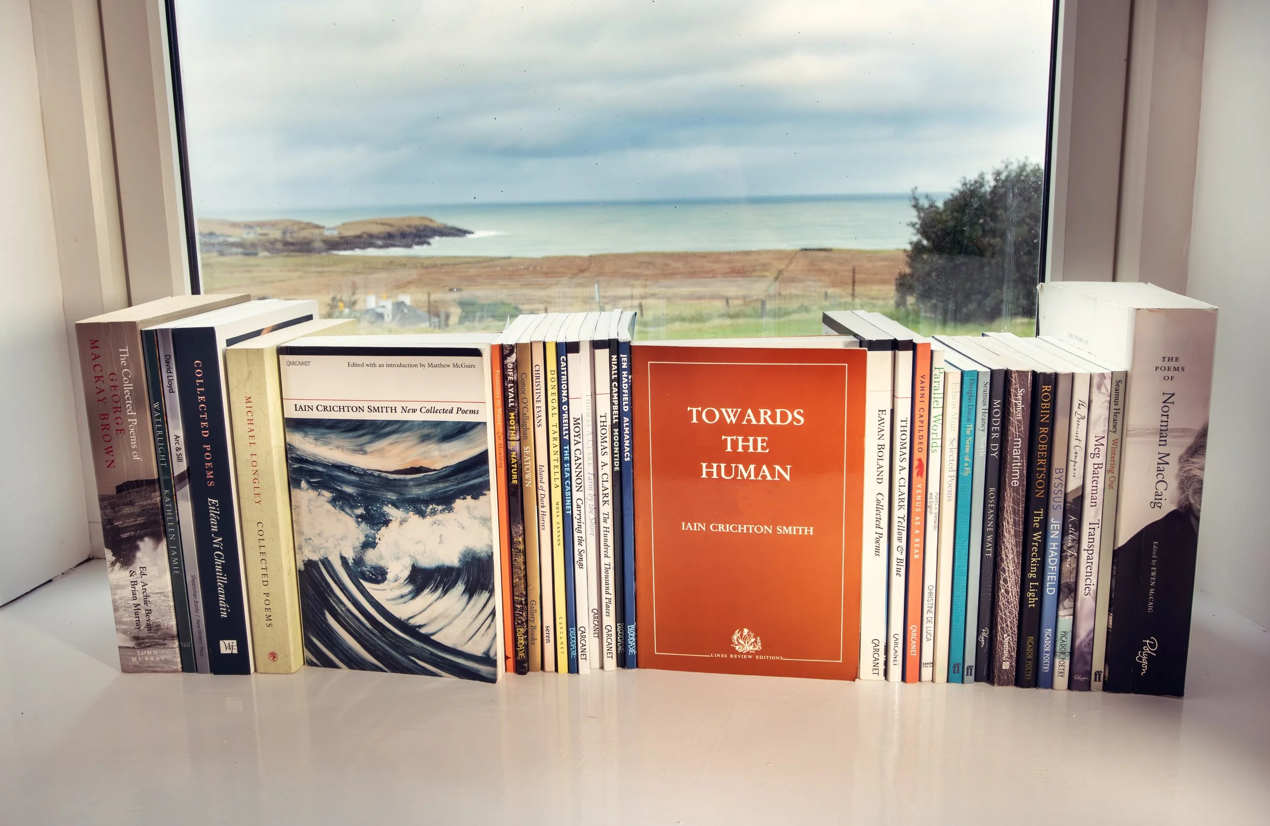 My home for the first six months, looking out over Port of Ness (with the necessary shelves of writing by coastal poets).