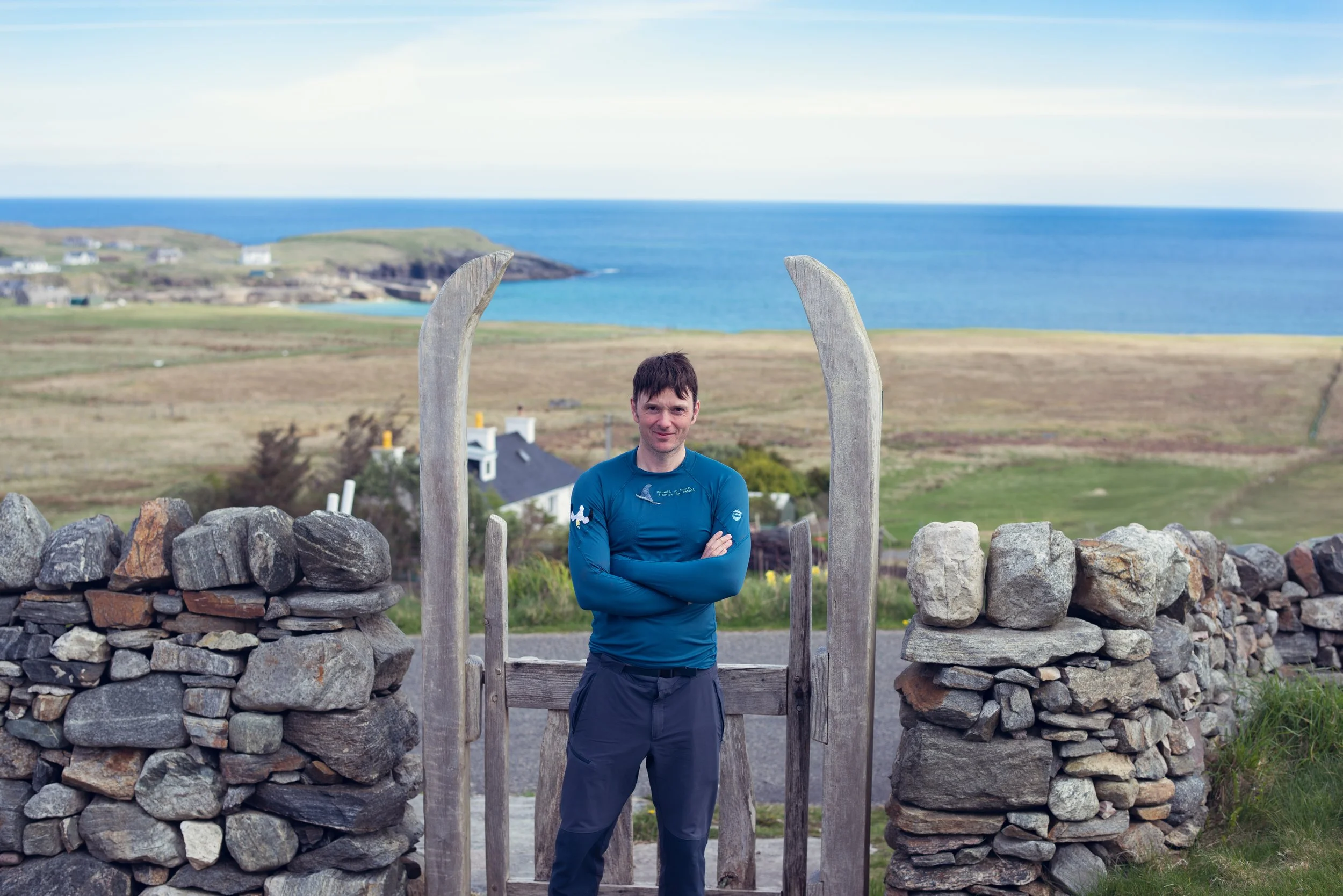 Outside the house in Adabroc, Ness, that was home for the first 6 months of Afloat, wearing a rash vest embroidered for me by the wonderful Sandra Macleod who sadly passed away during the writing of the book