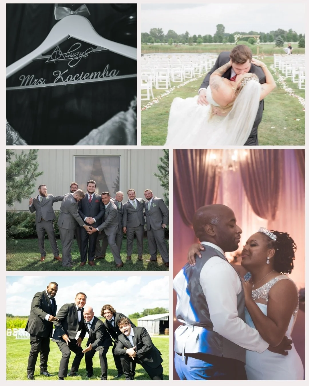 Collage of wedding photos, including a close-up of a hanger with 'Mrs. Kocemba' written on it, a groom dipping and kissing a bride in an outdoor field, a group of groomsmen posing and making playful gestures, a couple dancing closely in an elegant se