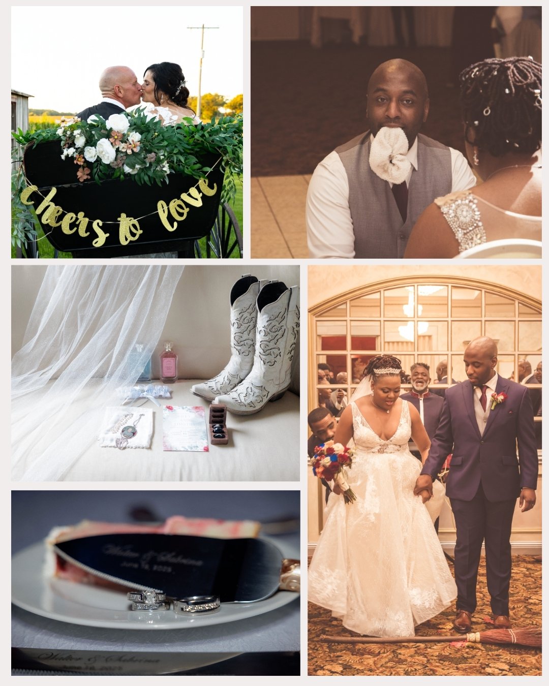Collage of wedding photos including a couple kissing with a 'Cheers to Love' sign, a couple having a conversation, cowboy boots with jewelry and makeup, and a bride and groom walking hand-in-hand with guests watching.