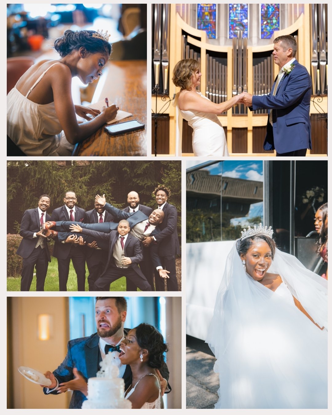 A collage of five wedding-related images: a young girl writing in a notebook with a phone nearby, a bride and groom sharing a dance at the altar, a group of men lifting a young boy at a wedding, a bride smiling inside a church, and a bride with her w