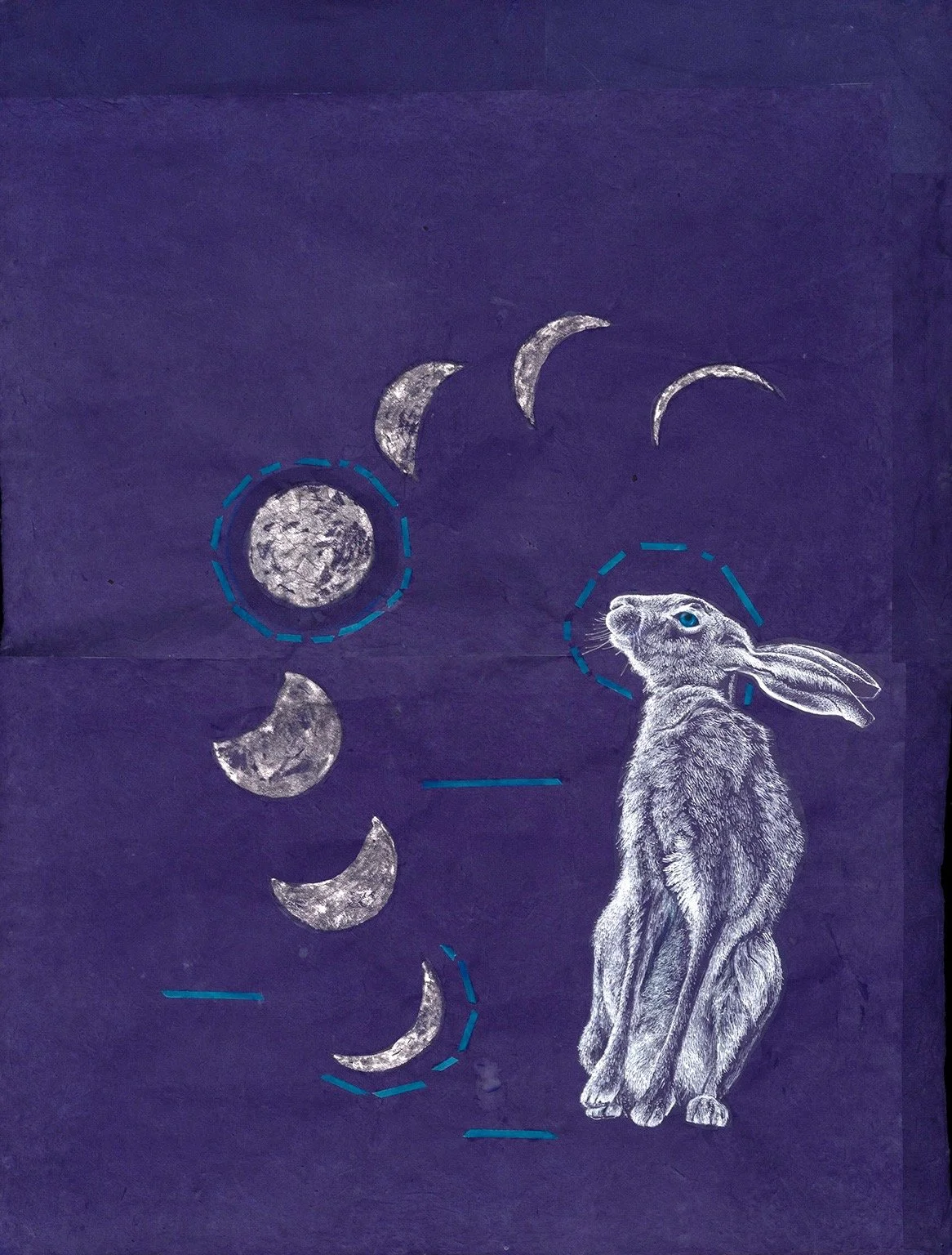  Hare with Moon  
 
Egg tempera, printed silver ink, collaged inked vellum 
 
36” x 50”
 
2025