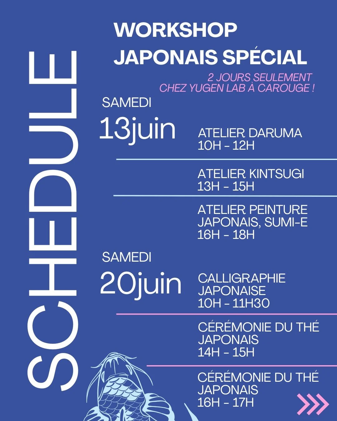 Yugen Lab x Orinasu Japan
✨ WORKSHOP JAPONAIS SP&Eacute;CIAL ✨

Dans le cadre de l&rsquo;Exposition universelle japonaise (04 juin &ndash; 27 juin 2026)
&Agrave; l&rsquo;occasion de cet &eacute;v&eacute;nement qui se tiendra &agrave; Carouge, Nous vo