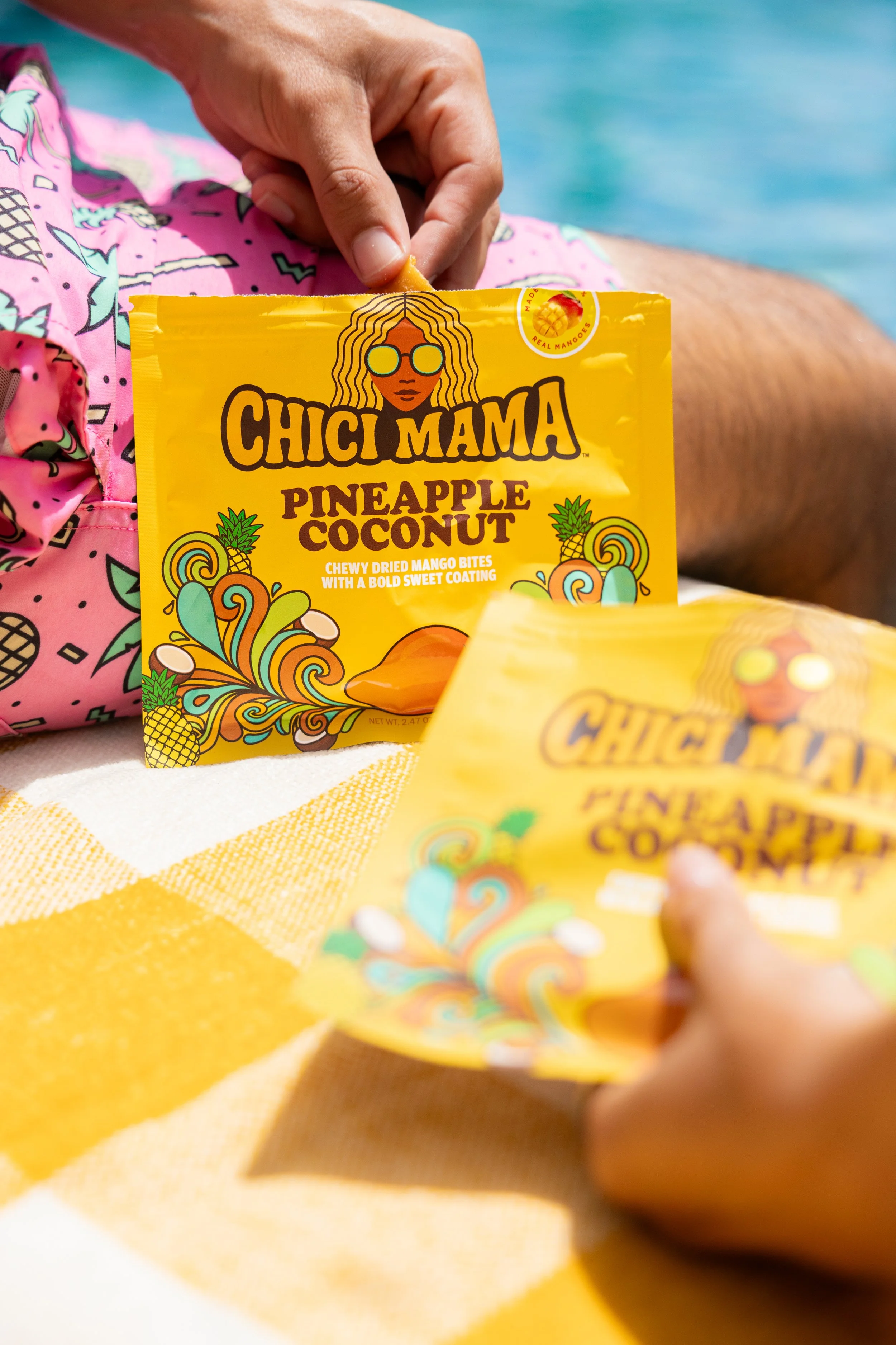 Close-up of Chici Mama Pineapple Coconut snack bag packaging, new flavor product photography by Gabe G Photos