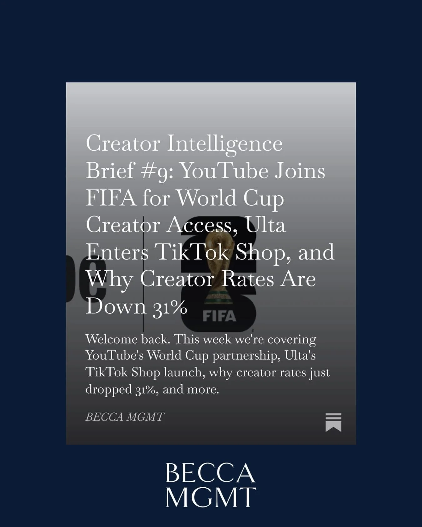 This week on CIB: Youtube Joins FIFA for World Cup Creator Access, Ulta Enters TikTok Shop, and Why Creator Rates Are Down 31%. 

Read the full scoop on our Substack, link in bio!