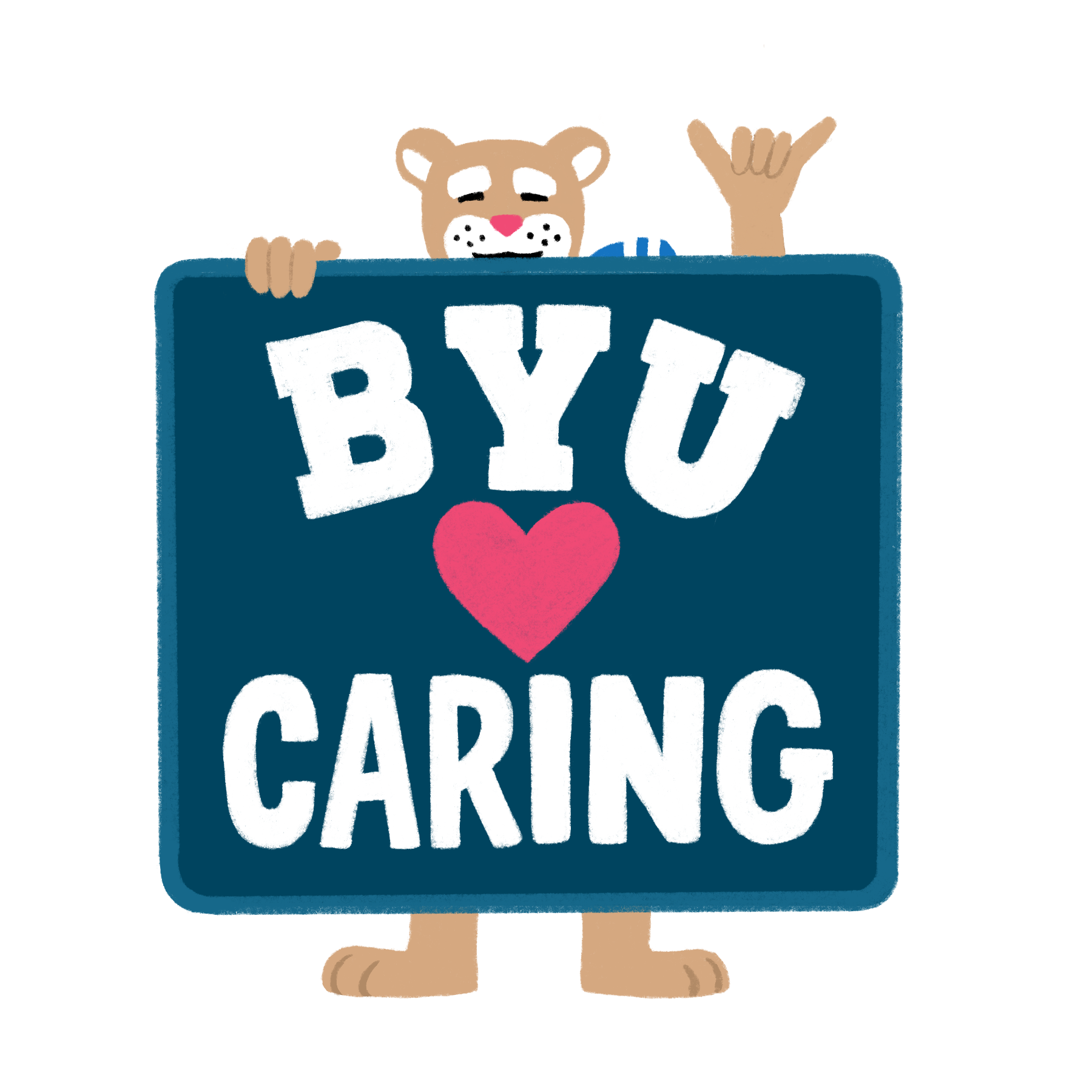 A drawn image depicting Cosmo the Cougar holding a sign that says "BYU Caring"
