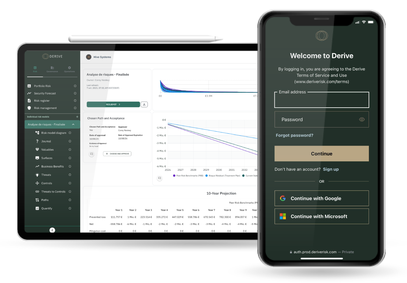 Laptop displaying a financial risk management dashboard alongside a smartphone showing a login page for Derive risk management platform.