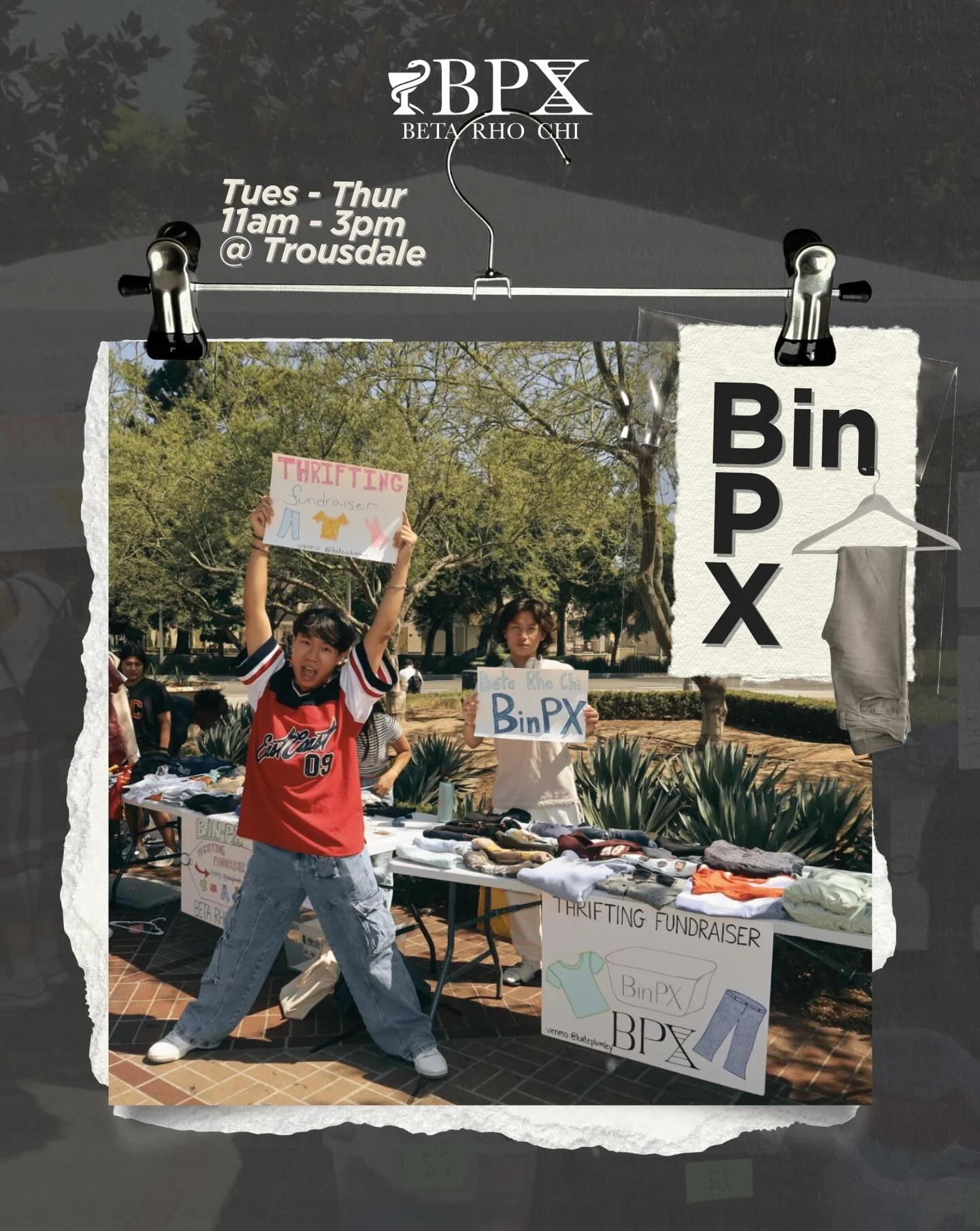 BinPX Thrift Fundraiser is back! Come find us on Trousdale from 11am - 3pm on Tuesday to Thursday👕🧦