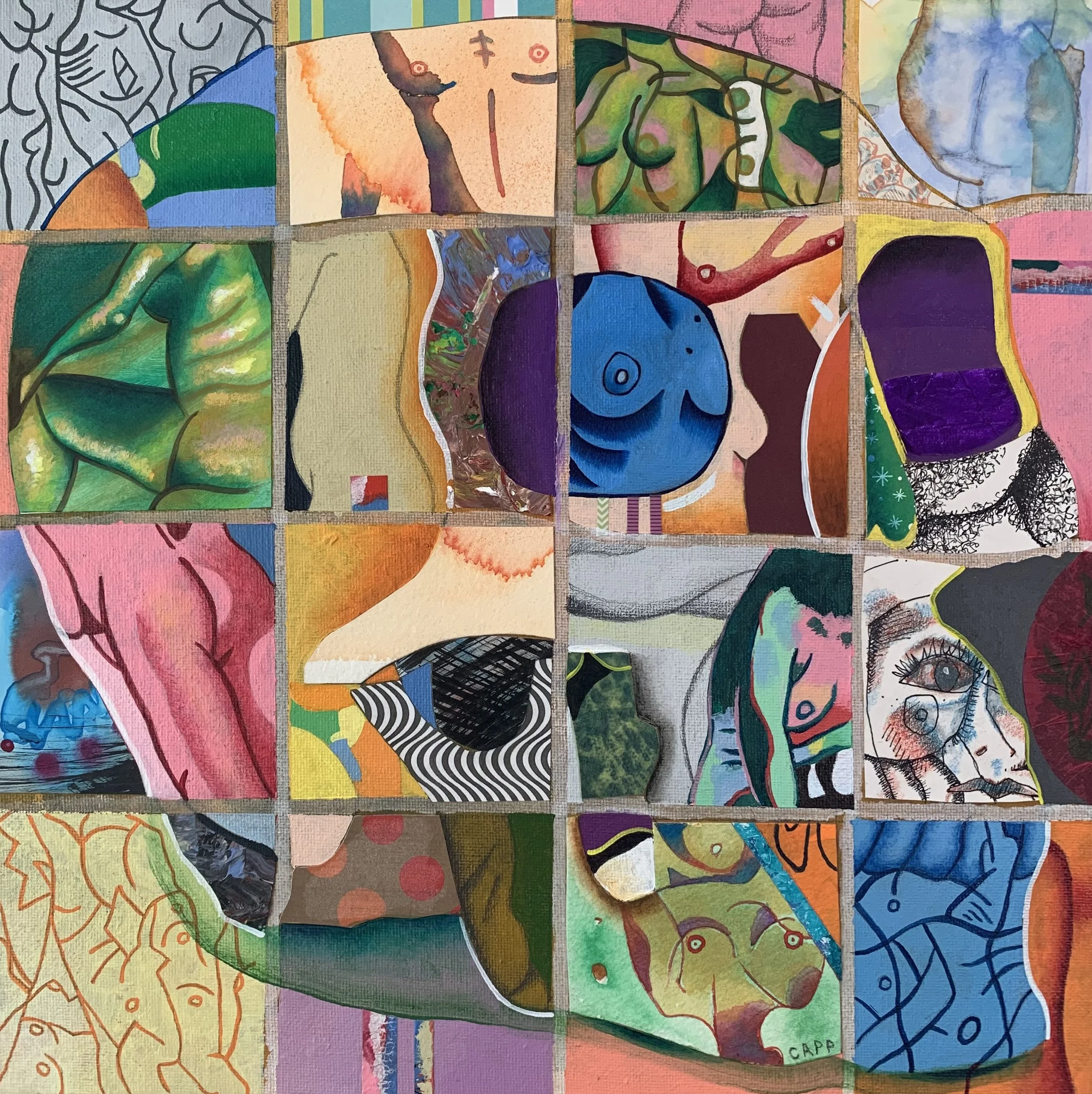 Skull & Nudes | Mixed Media on Canvas | 12" x 12" | $700