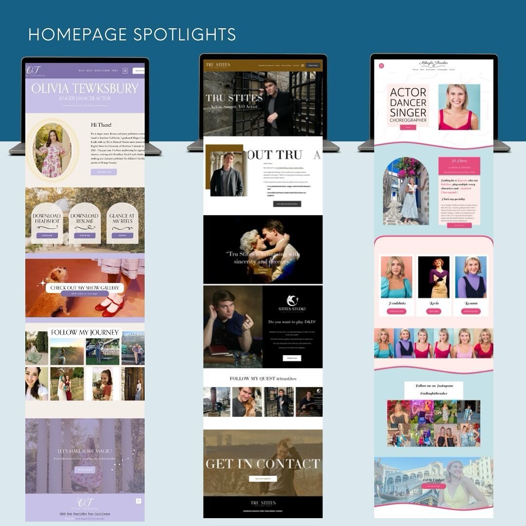Some home page spotlights *chefs kiss 

I have one more spot open for end April! DM me for more info 😄😄🩵🩵🩵

#emilybaggarlywebdesign #webdesignforperformers #personalbranding #squarespace #squarespacecirclemember #musicaltheatre #seniorshowcase #