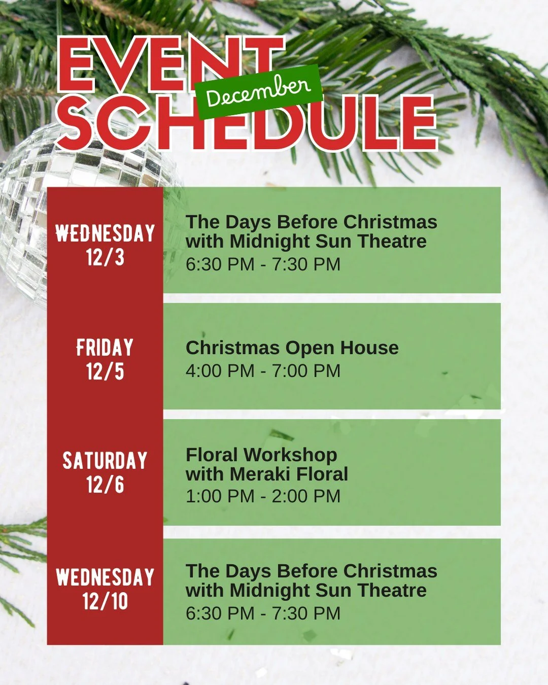 We've got a full event line up for December! Christmas stories, a Christmas open house, floral workshops with @merakifloralak , and live jazz with @constantstructure_music &amp; @swingsyndicateband ! More details to come for each of these. Mark your 