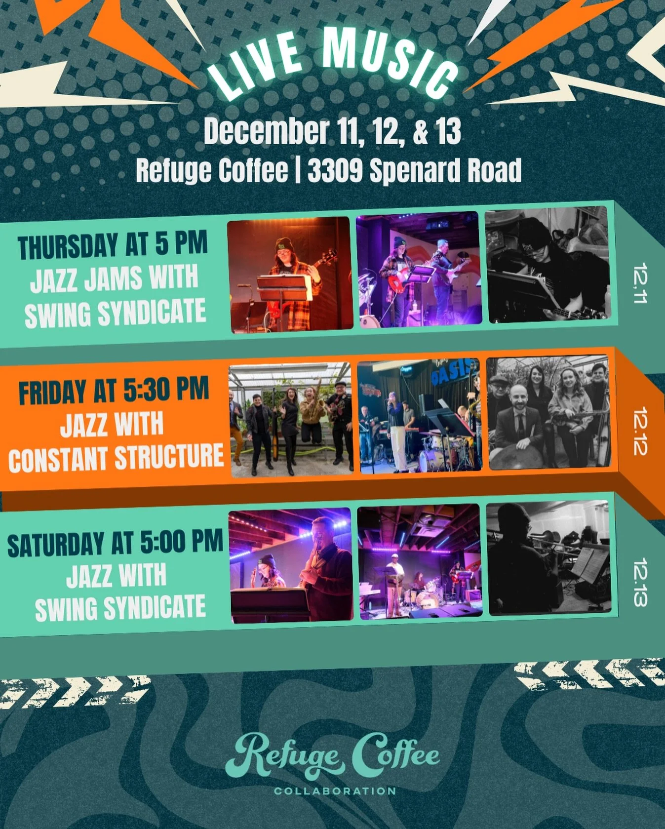 The next three nights, we have a full jazz line up for you - starting tonight! Come on by to warm up with your favorite drinks and live music. 

TONIGHT @ 5 PM | Jazz Jams with @swingsyndicateband 
FRIDAY @ 5:30 PM | Jazz with @constantstructure_musi