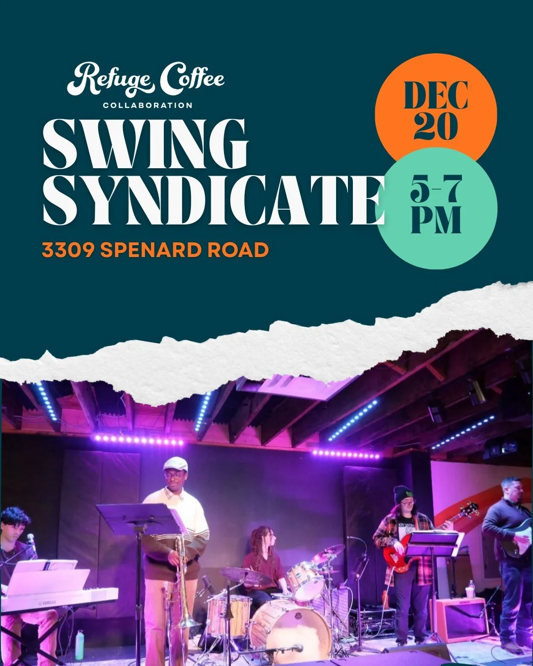 Saturday evening we have live music at Refuge with one of Anchorage's local bands @swingsyndicateband 
The show starts at 5 PM. This is a free event for anyone looking for a fun evening of jazzy tunes with their community. Can't wait to see you!