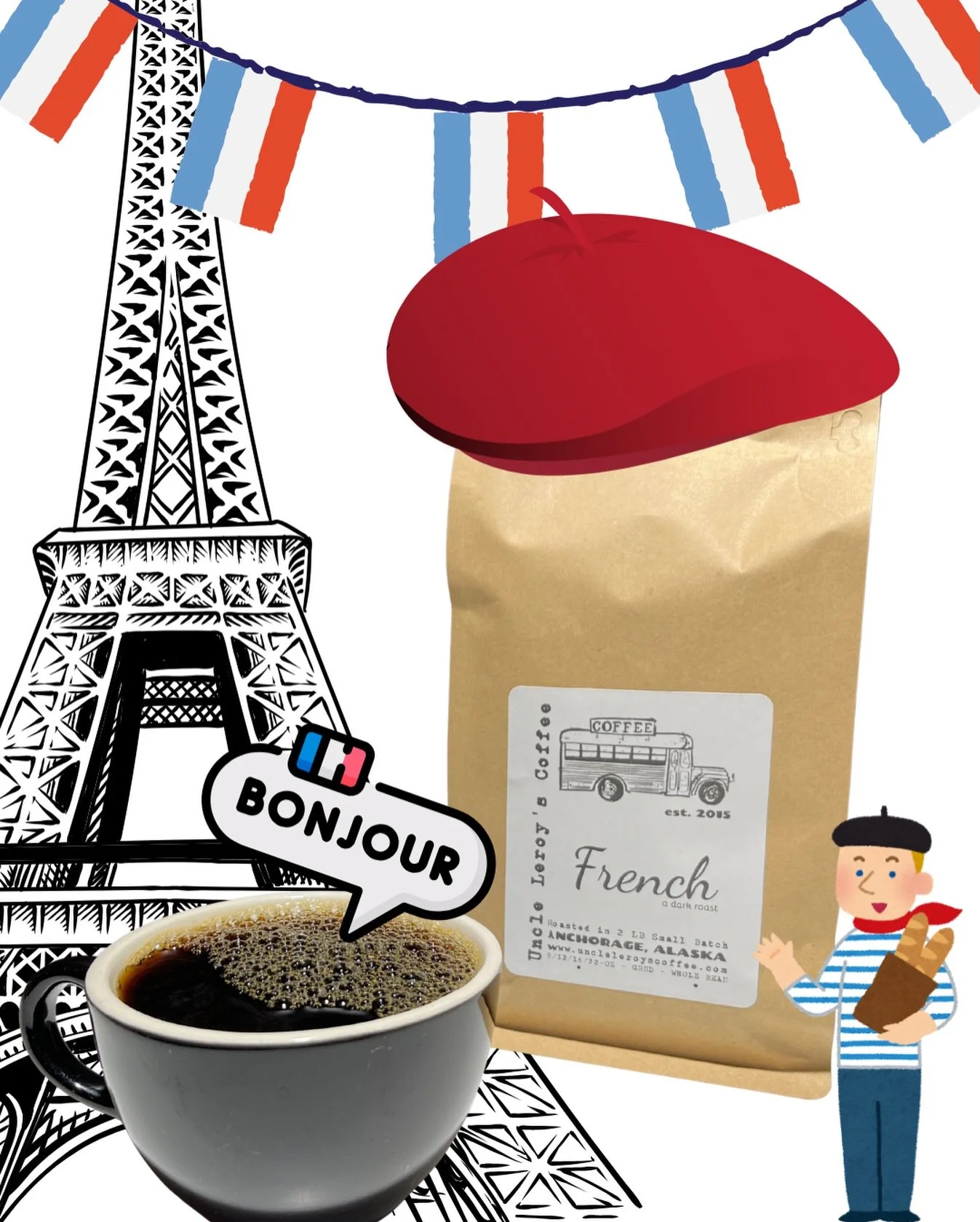 Bonjour! Refuge Coffee is now selling bags of whole bean French Roast roasted by our sweet friends at @uncleleroyscoffee . Bags are $22. Come by and get yours today!