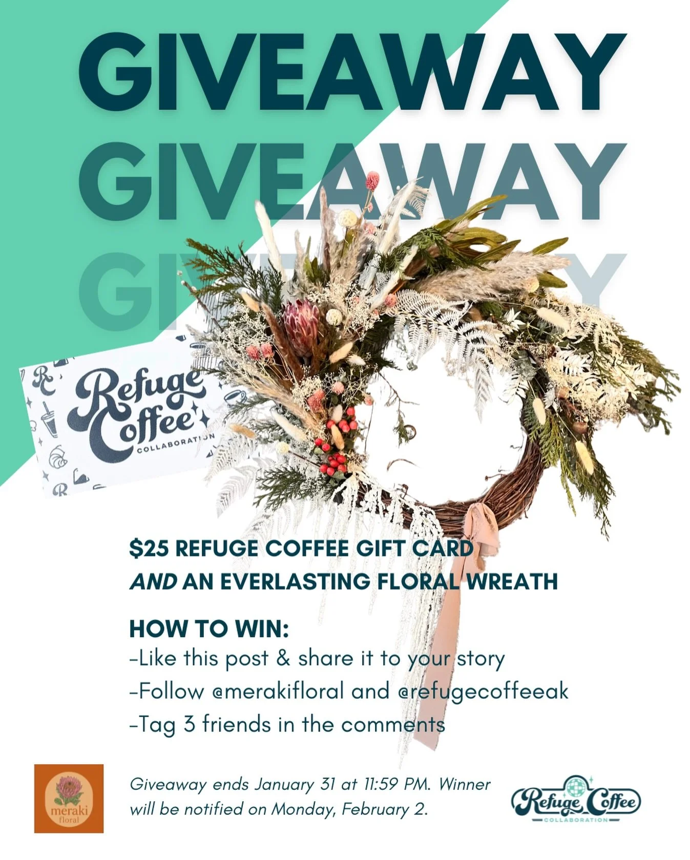 How the heck is it almost February?! Our New Year give away with @merakifloralak is coming to an end. Saturday, January 31 is your last day to enter to win a $25 gift card for Refuge Coffee and this gorgeous everlasting wreath from Meraki Floral (val