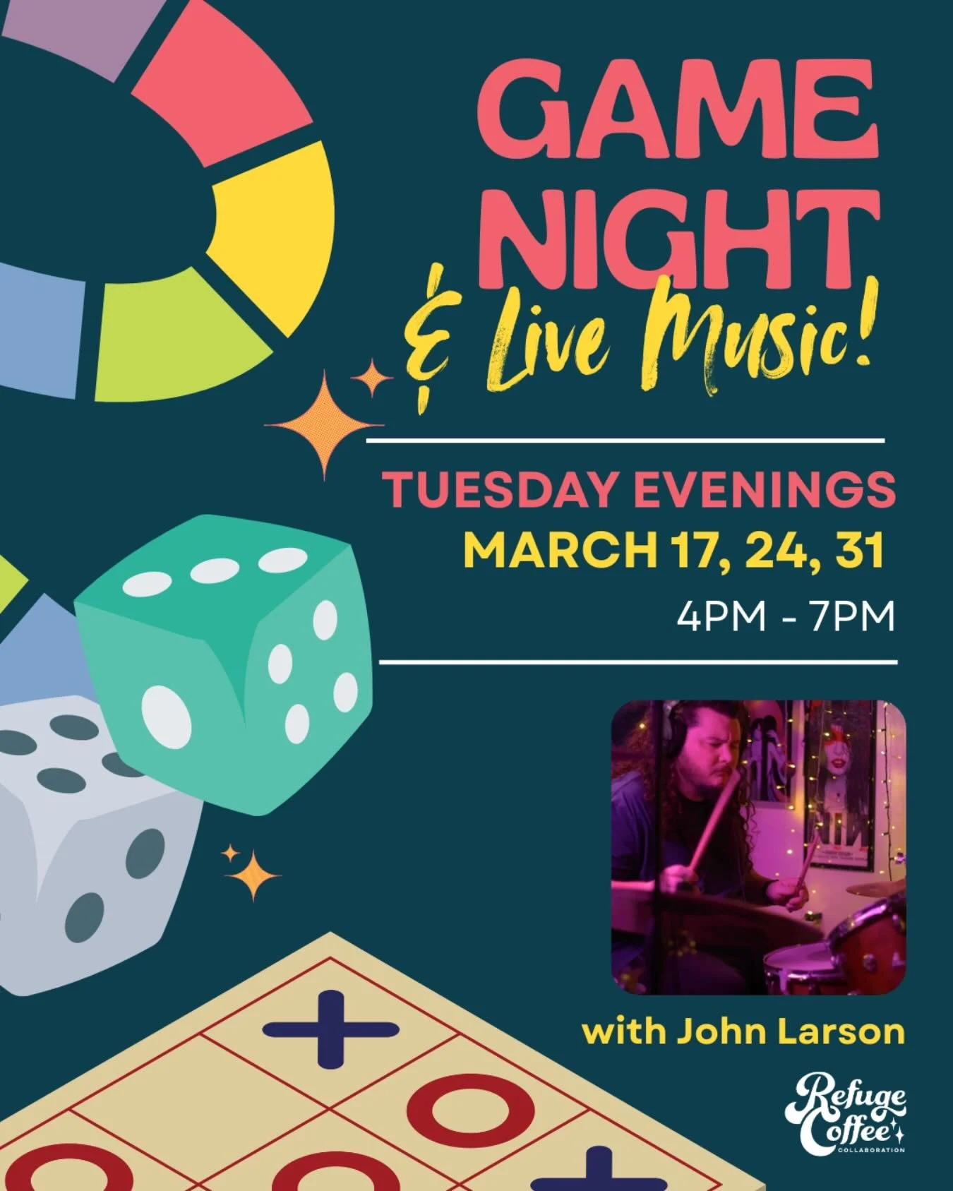 Join us every Tuesday through March from 4pm&ndash;7pm for Game Night + Live Music at Refuge Coffee! This is a fun, welcoming, safe and sober space to gather with friends, relax, and enjoy community together.

Bring your favorite board game, card gam
