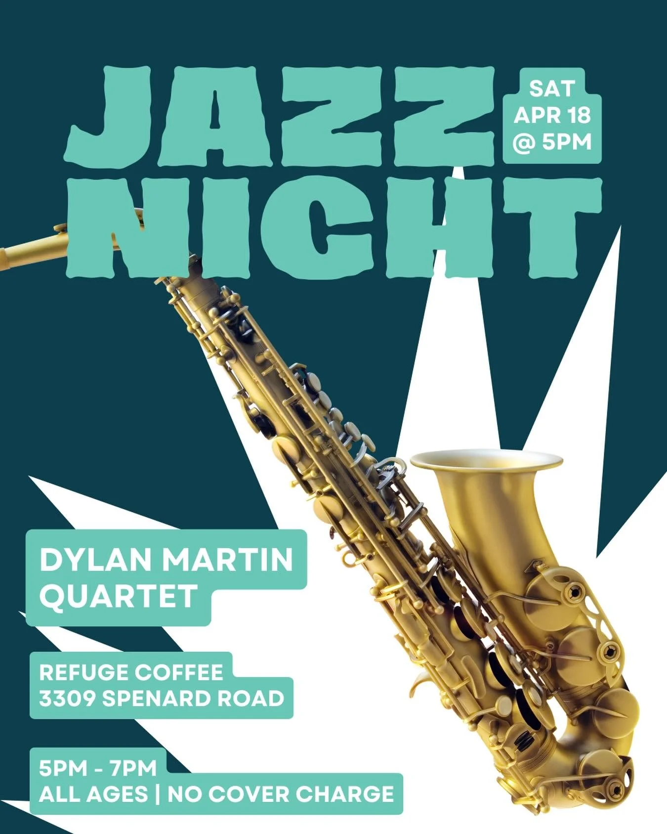 Tomorrow night at Refuge Coffee - LIVE JAZZ!

Join us for Jazz Night with the Dylan Martin Quartet tomorrow, April 18 from 5PM&ndash;7PM.

All ages are welcome, there&rsquo;s no charge, and it&rsquo;s the perfect way to spend your evening with good m