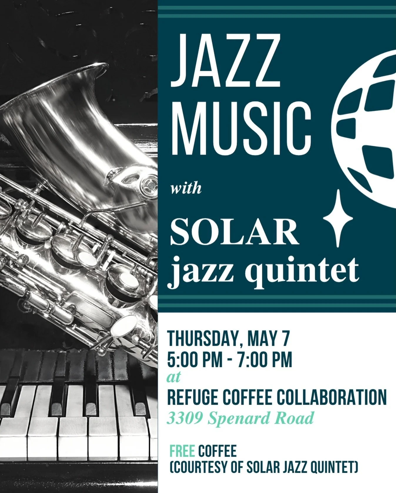 Join Solar Jazz Quintet THIS Thursday at Refuge Coffee! This group is comprised of Sandy Ford on drums, Bruce Moore on guitar, Steve Lacatena on the sax, Quentin Schenk on bass, and Monica Jenicek Lyall on keys! We are so excited to have them in the 