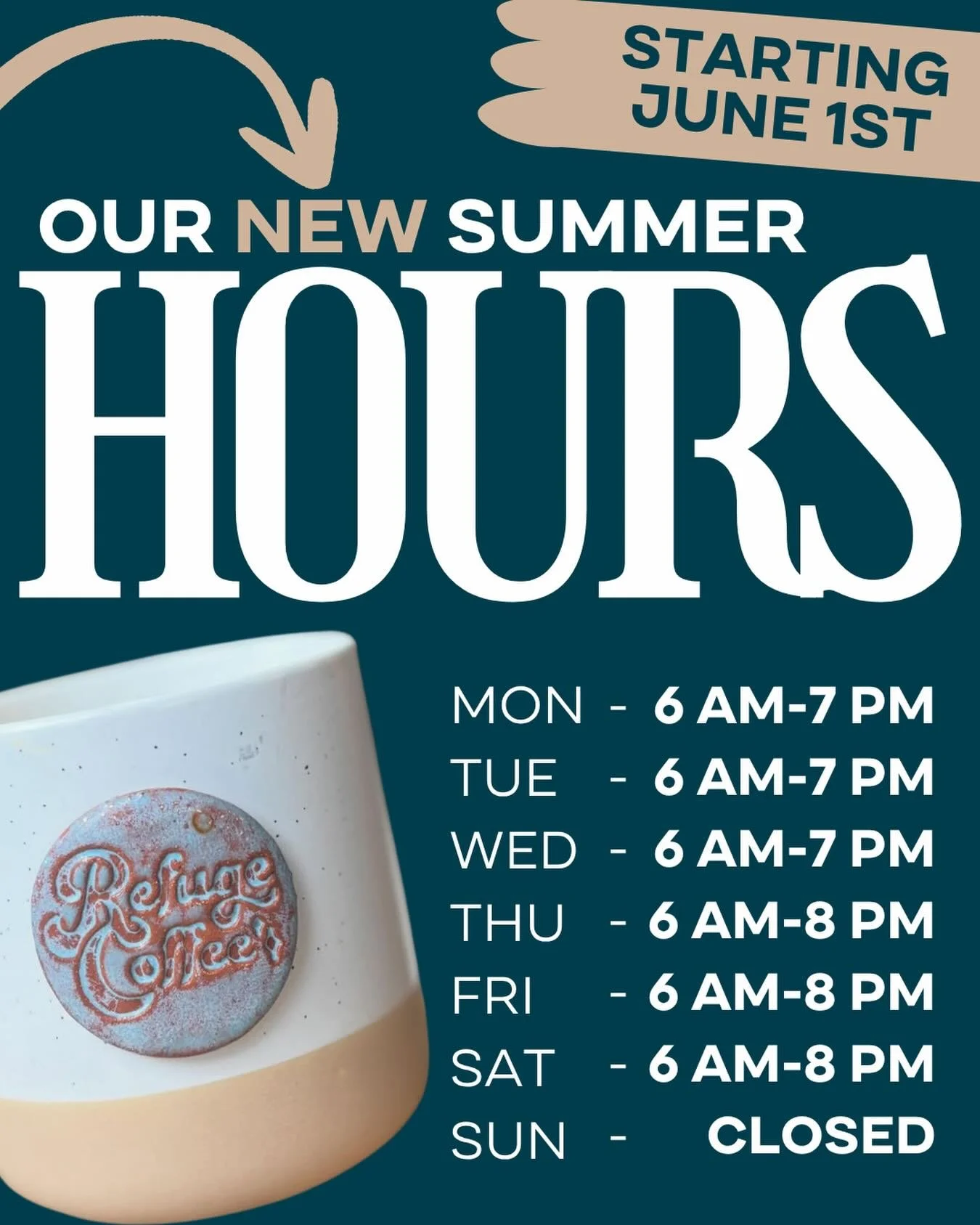 **BIG NEWS**

We&rsquo;re extending our hours for the summer! Starting Monday, June 1st we will be open from 6am - 7pm Monday, Tuesday, and Wednesday and then 6am - 8pm Thursday, Friday, and Saturday!

Still closed on Sundays so our team can have a d