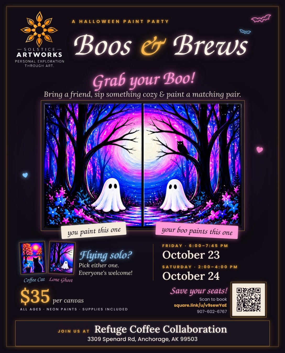 MARK YOUR CALENDARS for two back to back paint nights this weekend with Solstice Artworks. THIS Friday and Saturday you can paint your very own spooky canvas! Register for one or both nights. 

Friday, October 23 from 6PM-7:45PM
Saturday, October 24 