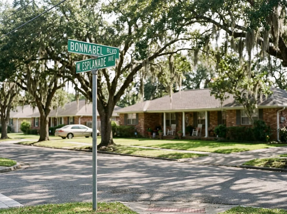 Intersection of Bonnabel Blvd and W. Esplanade Ave in a neighborhood with brick houses, trees, and cars parked on the street.