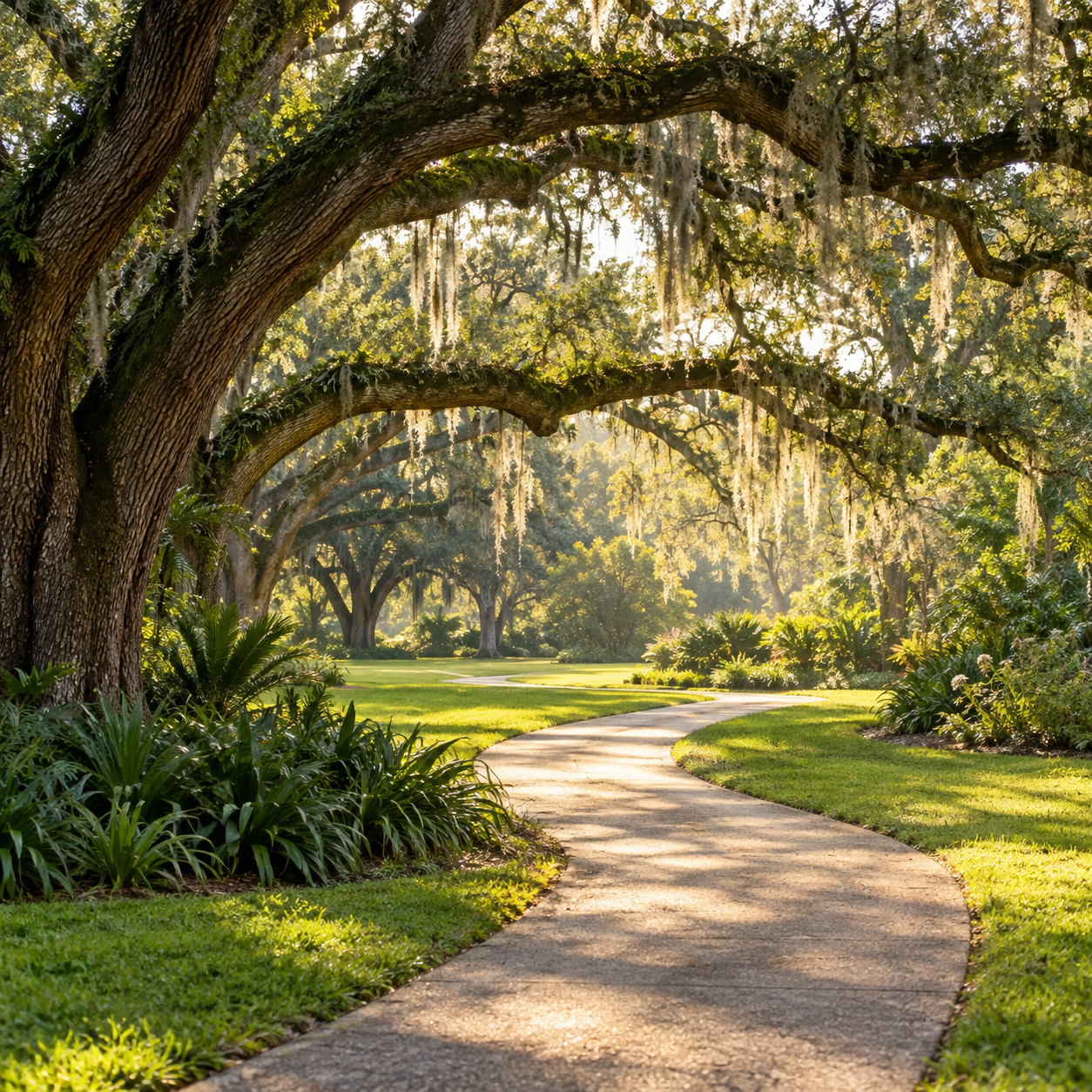 Sunlit path beneath Louisiana-style live oak trees