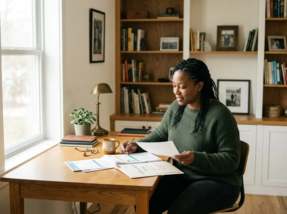 A woman with braided hair, wearing a green sweater, sitting at a wooden desk with papers, notebooks, and a coffee mug, working in a home office with bookshelves in the background.