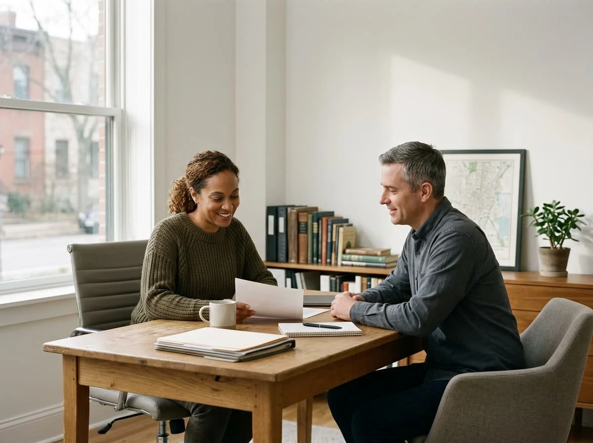 A woman and a man sit at a table in a bright office, smiling as they review documents.