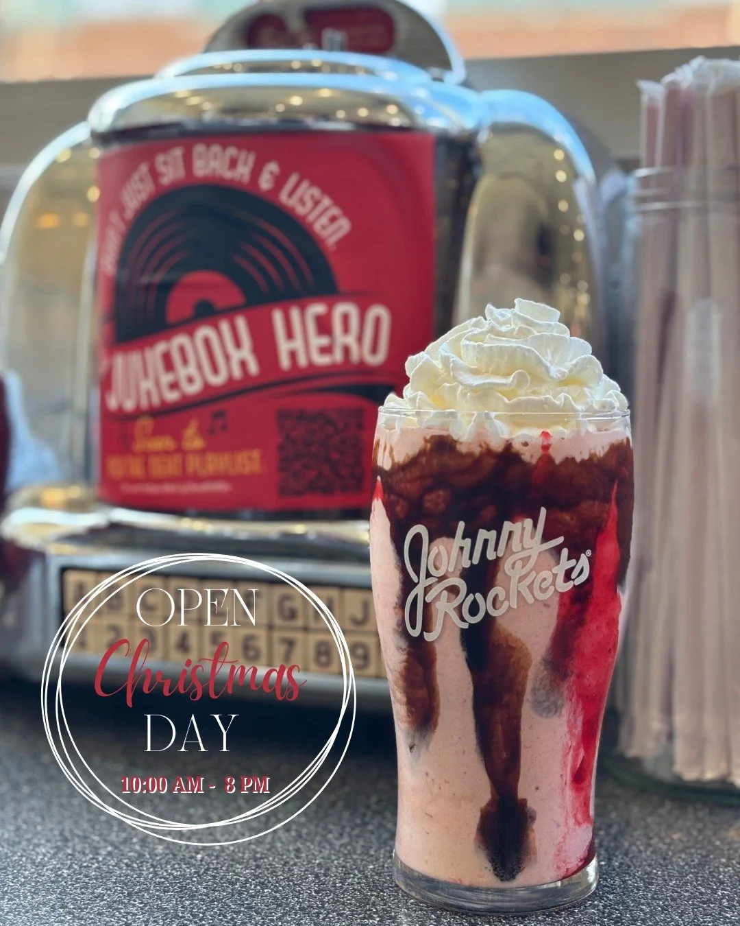 Johnny Rockets at Kent Station will be OPEN on Christmas Day from 10:00 AM &ndash; 8:00 PM!
Stop by for burgers, fries, and shakes while you&rsquo;re out celebrating. We can&rsquo;t wait to see you!