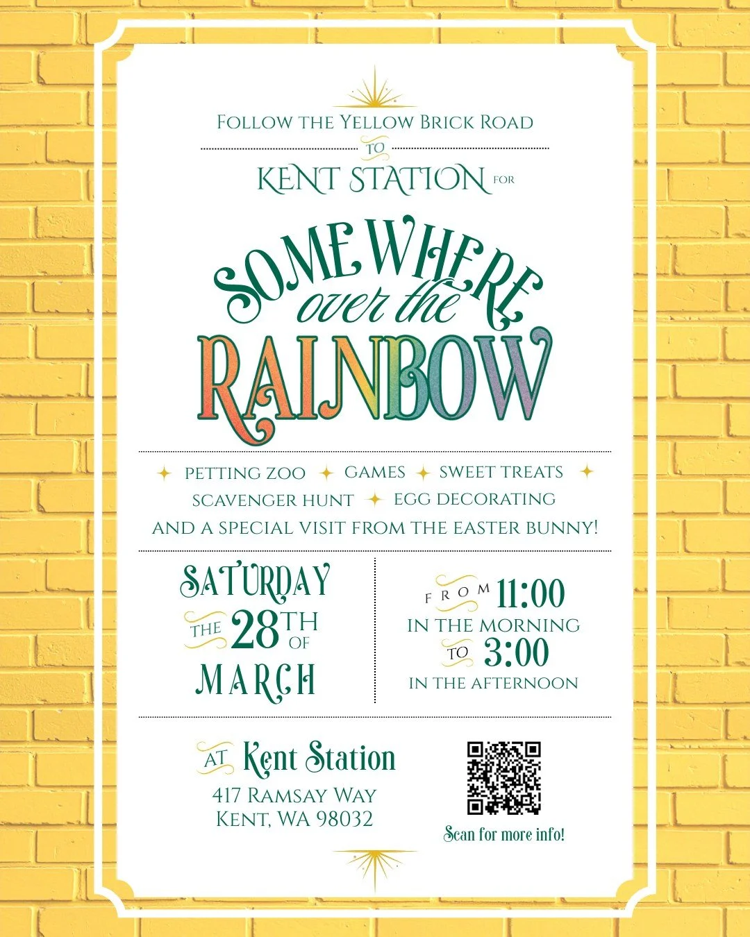 Follow the rainbow and join us for a magical Easter celebration at Kent Station.
Somewhere Over the Rainbow is a free, family-friendly spring event featuring organized 

Easter egg hunts, a Wizard-inspired scavenger adventure, egg decorating, unicorn