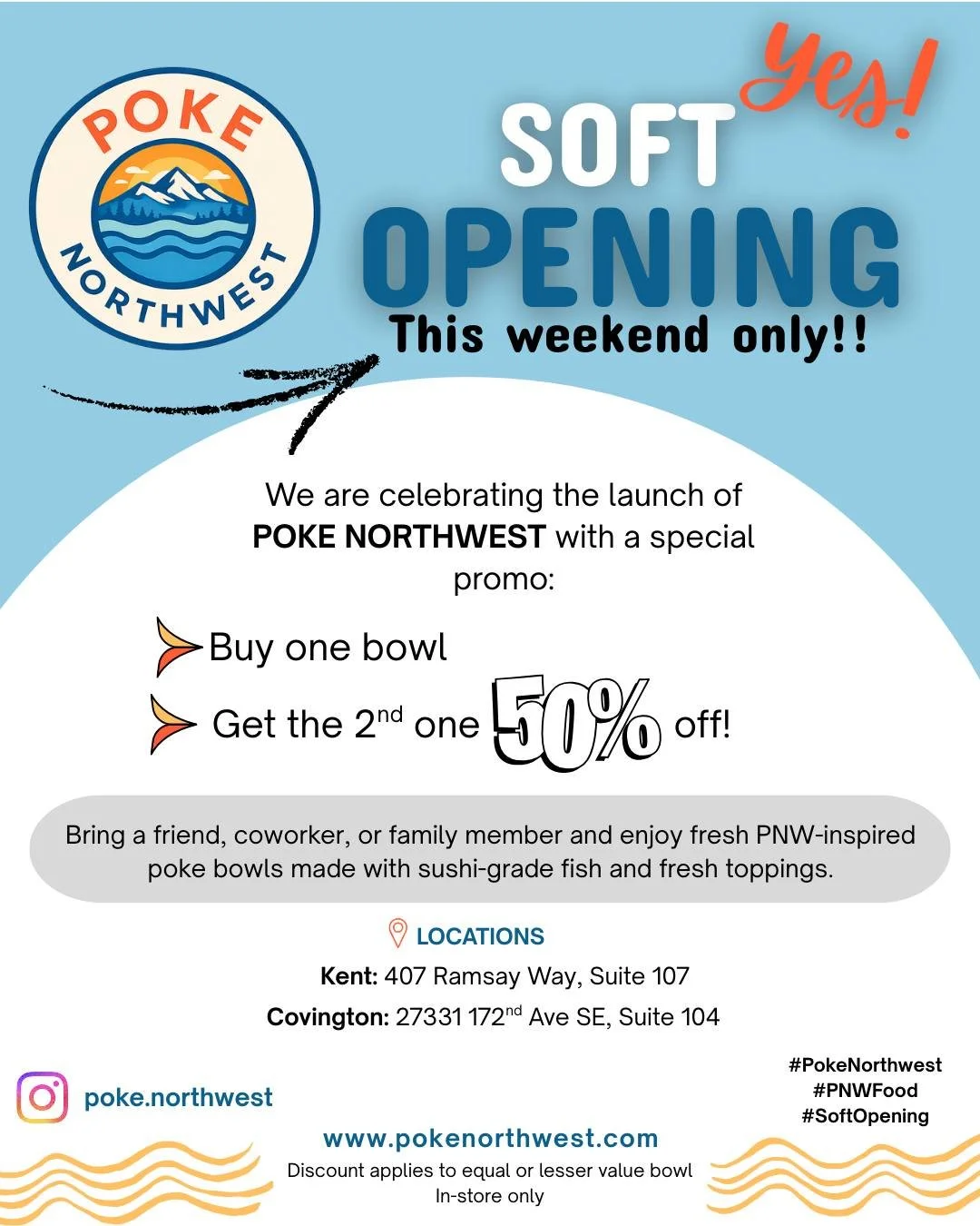 Something fresh just arrived at Kent Station!

Poke Northwest Soft Opening &ndash; This Weekend Only
- Buy one bowl
- Get the second 50% off

Grab a friend and come try their fresh PNW-inspired poke bowls.

407 Ramsay Way, Suite 107

#KentStation #So