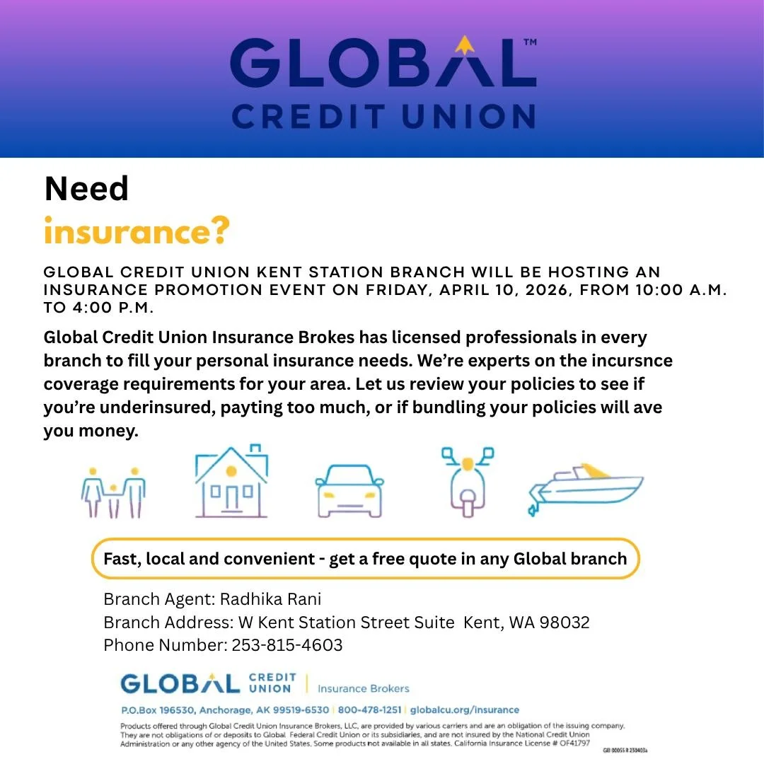 Join Global Credit Union at Kent Station this Friday for a special event 

The Kent Station branch is hosting an Insurance Promotion Event on Friday, April 10 from 10:00 AM &ndash; 4:00 PM. Stop by to connect with licensed insurance professionals who