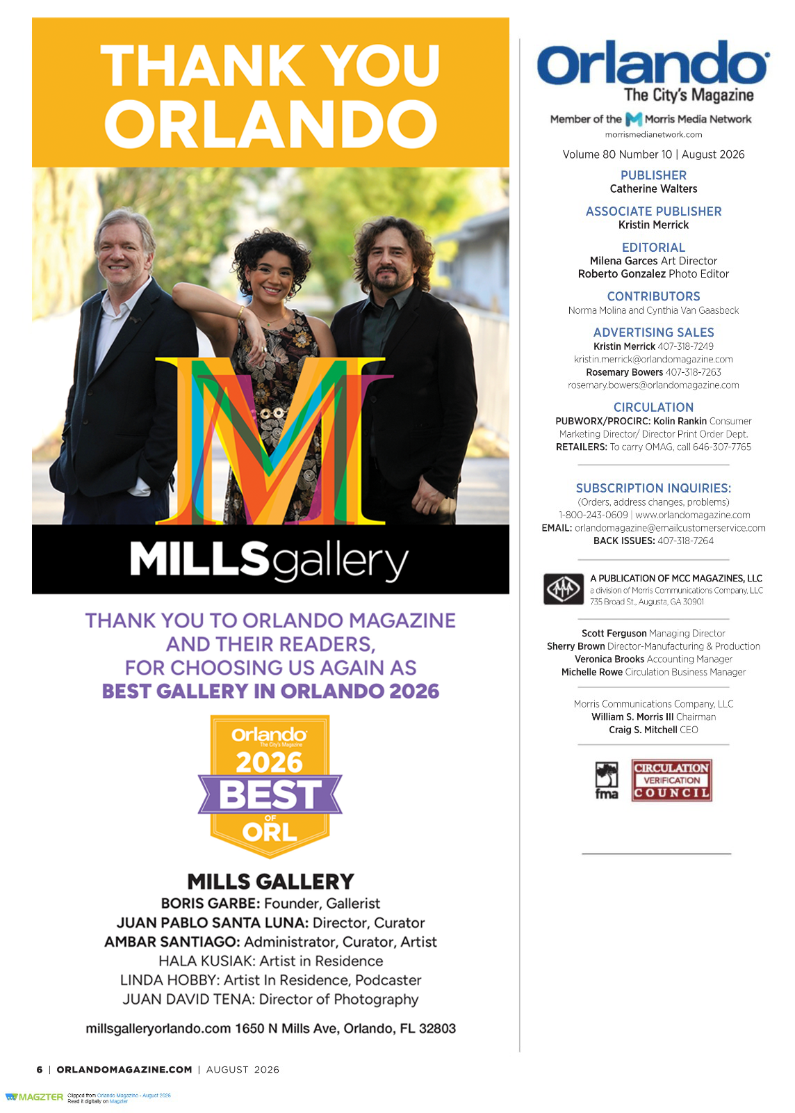Mills Gallery voted Best Gallery by readers of Orlando Magazine’s BEST OF ORL in 2026!